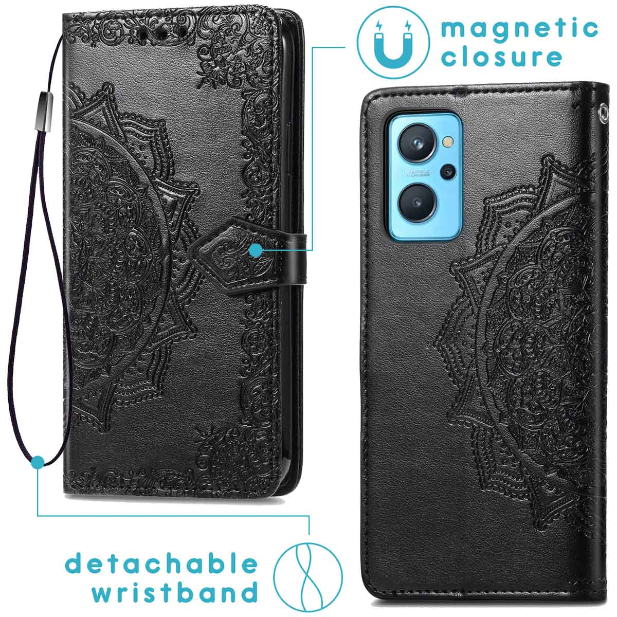 Funda negra para teléfono, abierta, con un intrincado diseño de mandala. Correa de muñeca desmontable, cierre magnético.