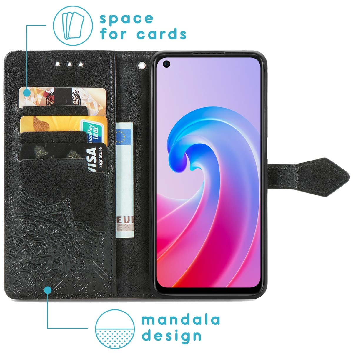 Funda billetera negra con tarjetas y dinero. Diseño mandala visible.