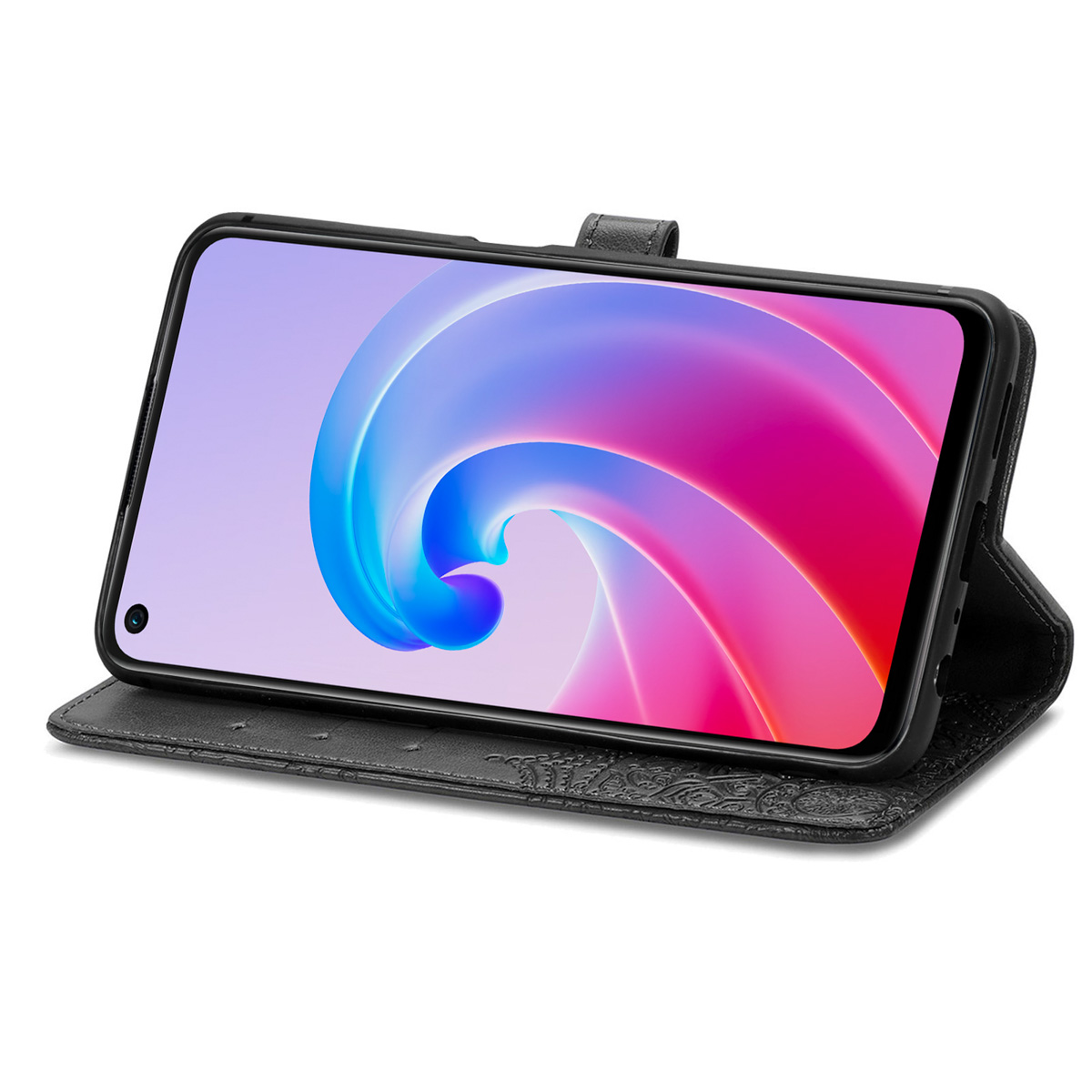Funda negra con un teléfono dentro, el teléfono tiene una pantalla. La funda está abierta.