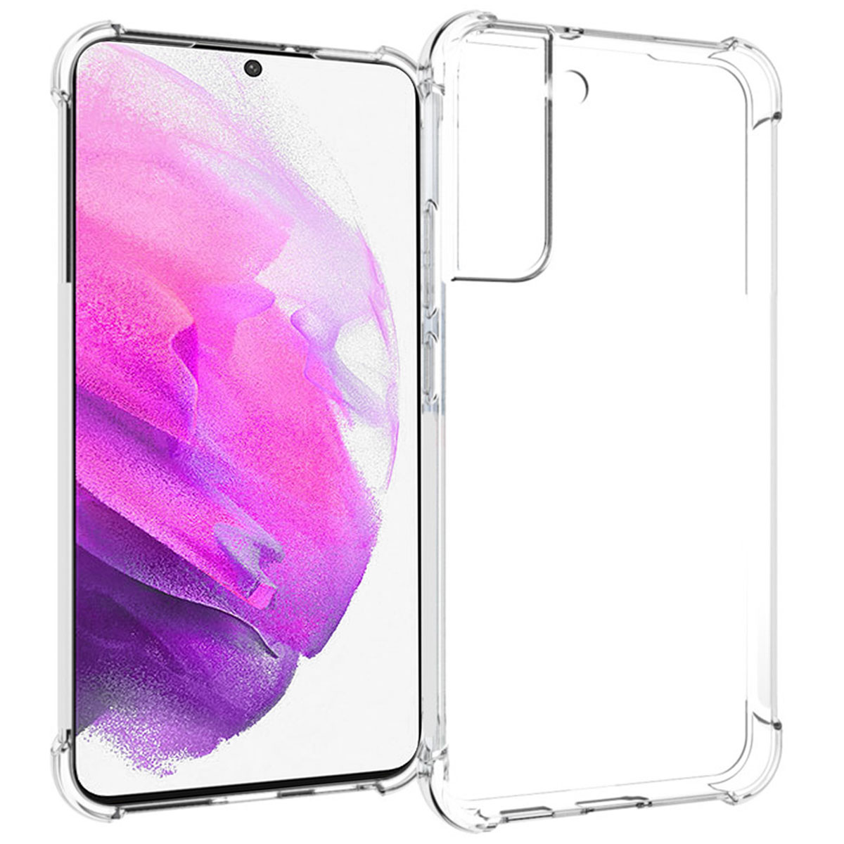 Doorzichtige telefoonhoes naast smartphone met paarse en roze achtergrond.