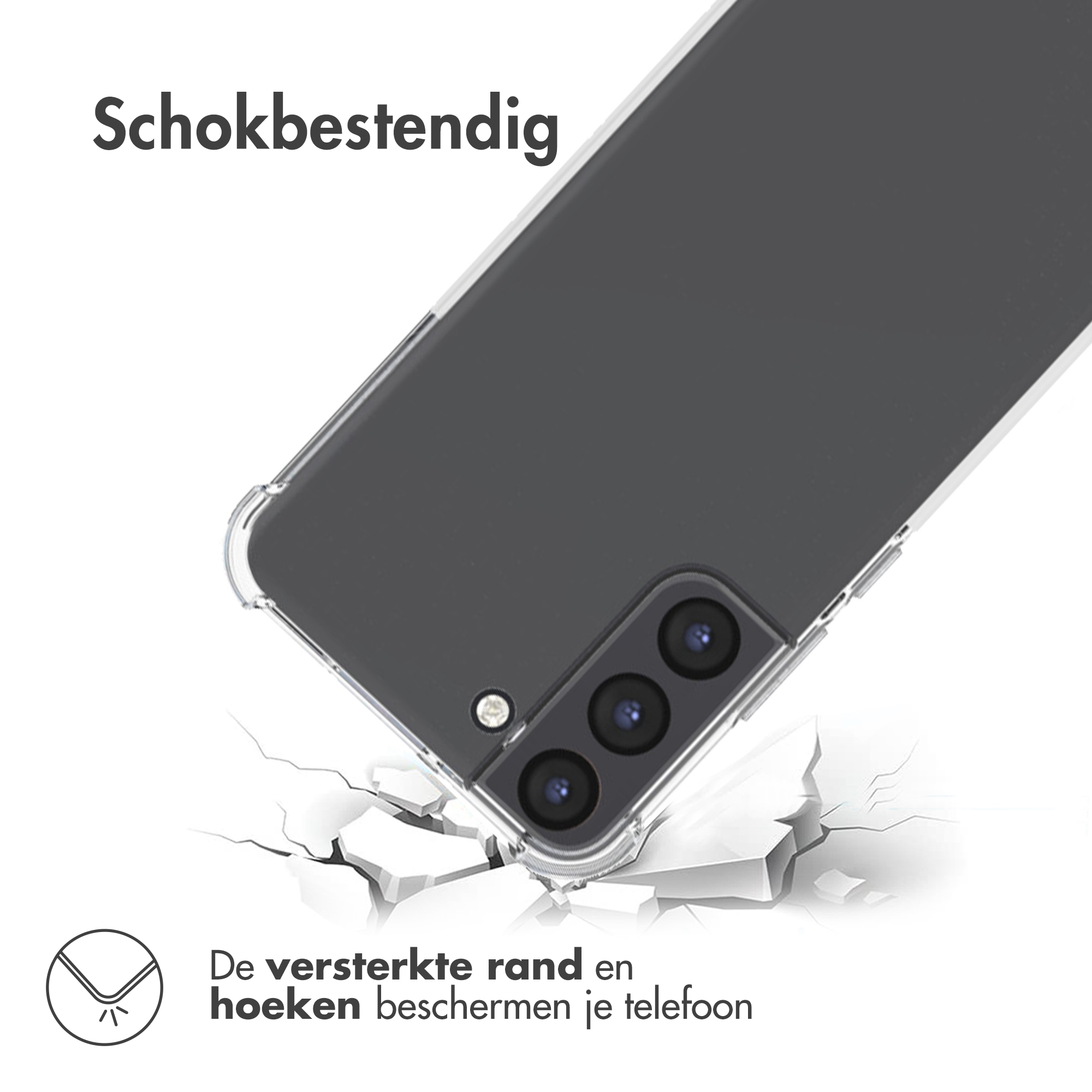 Schokbestendige telefoonhoes met versterkte hoeken op gebroken ondergrond.