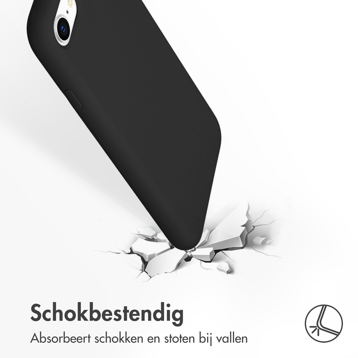 Een zwarte telefoonhoes, de telefoon valt en scheurt de grond eronder.