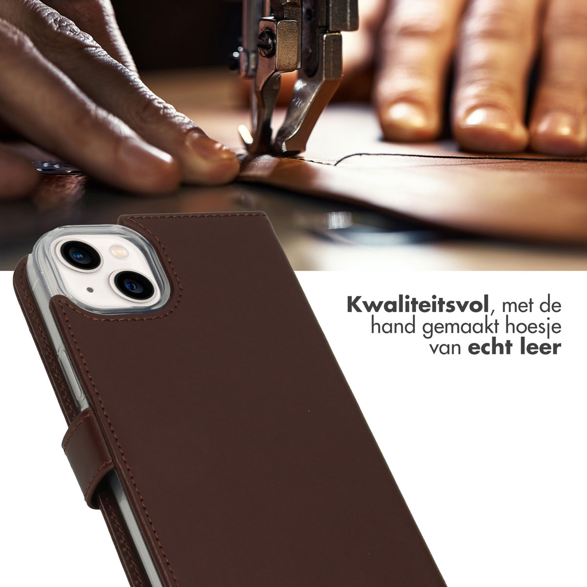 Una persona cuce una custodia per telefono in pelle marrone. Testo in olandese. La custodia ha una chiusura magnetica.