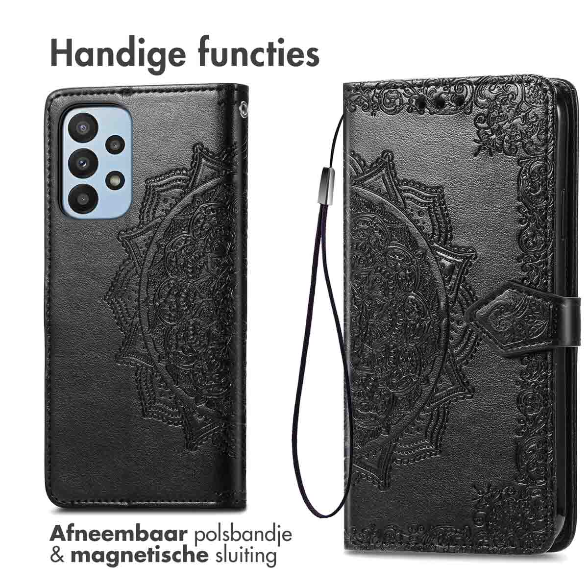Zwarte telefoonhoes met reliëf mandala patroon en afneembaar bandje.