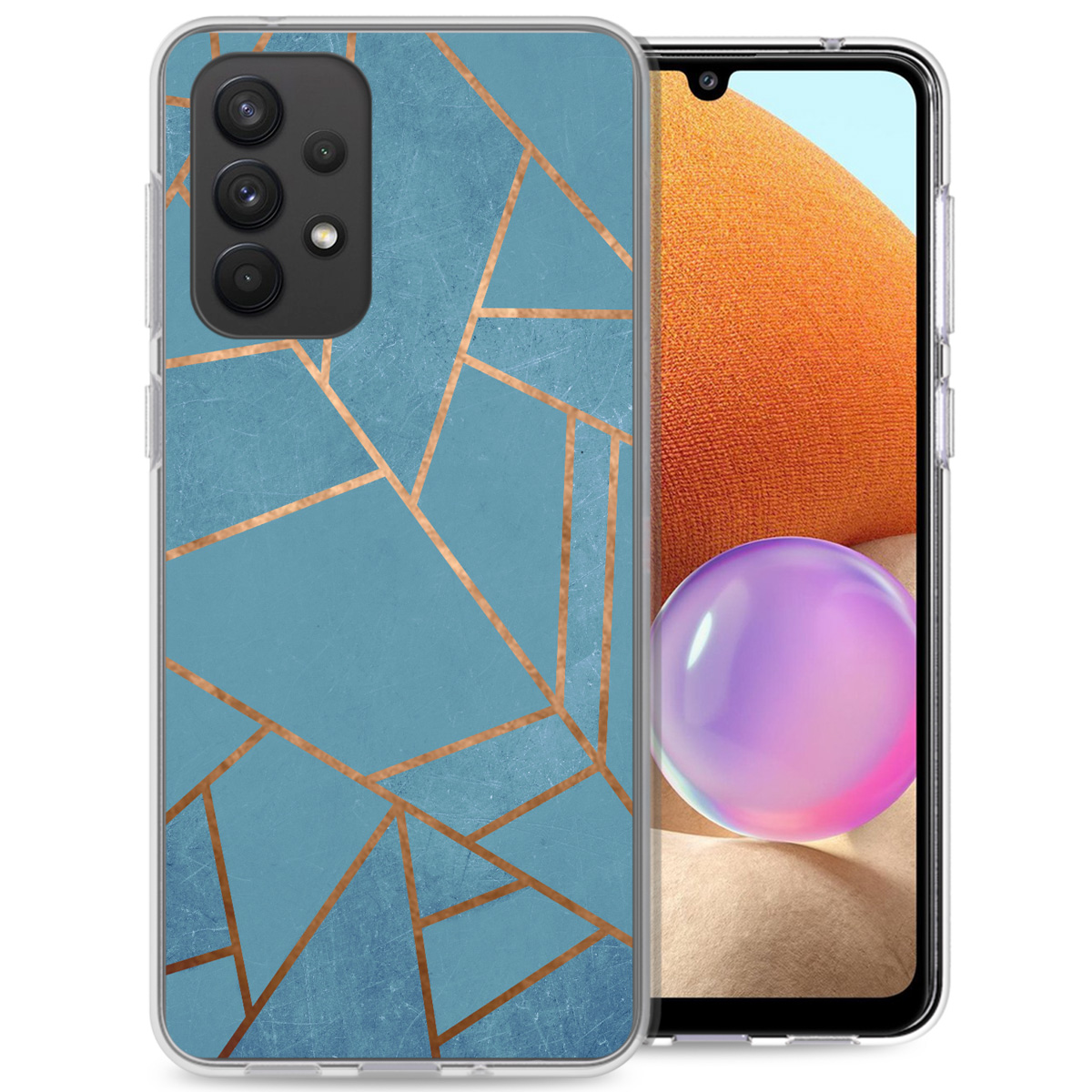 Custodia blu con design geometrico oro. Il telefono è a destra.