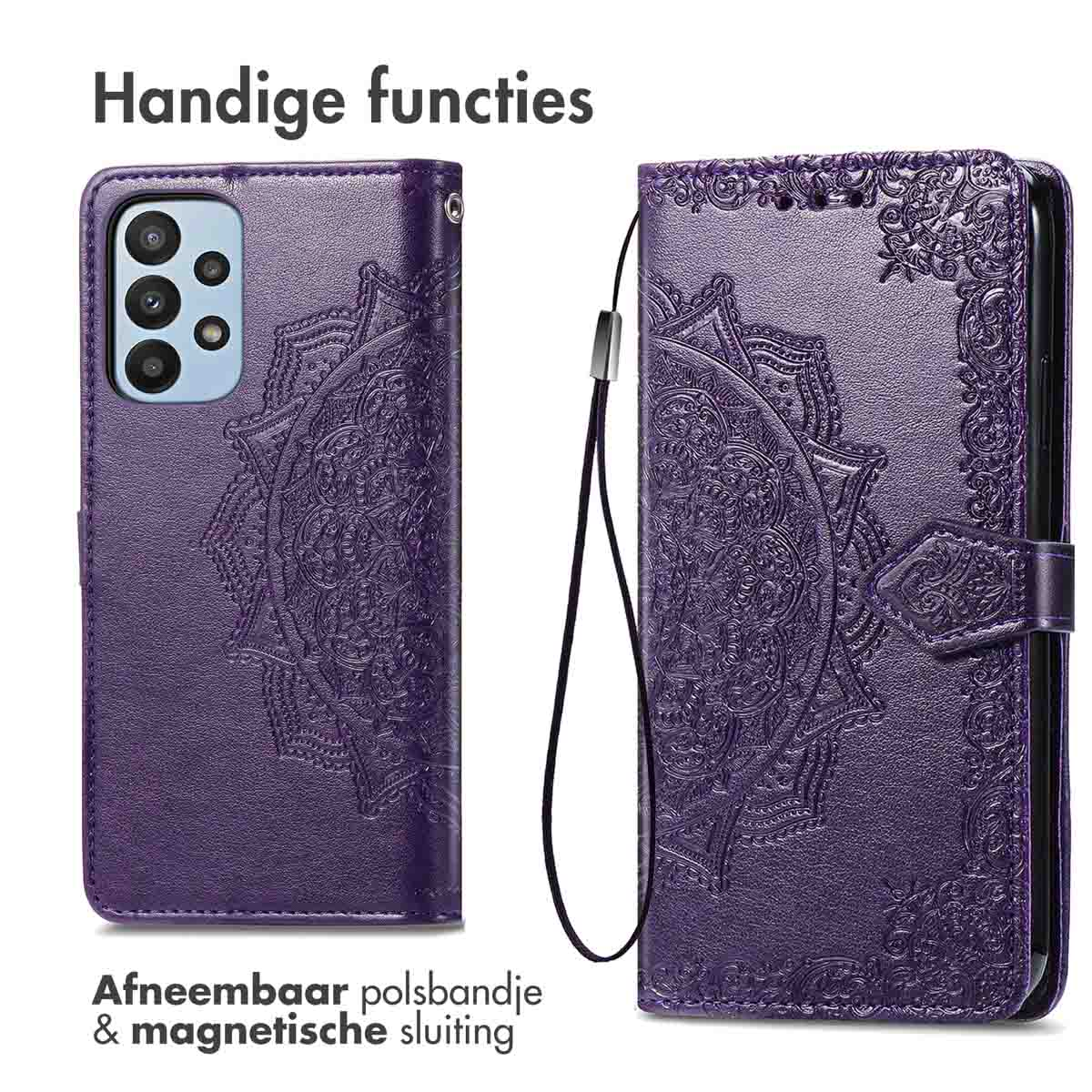 Paarse telefoonhoes met mandala-patroon, afneembare riem en magnetische sluiting.