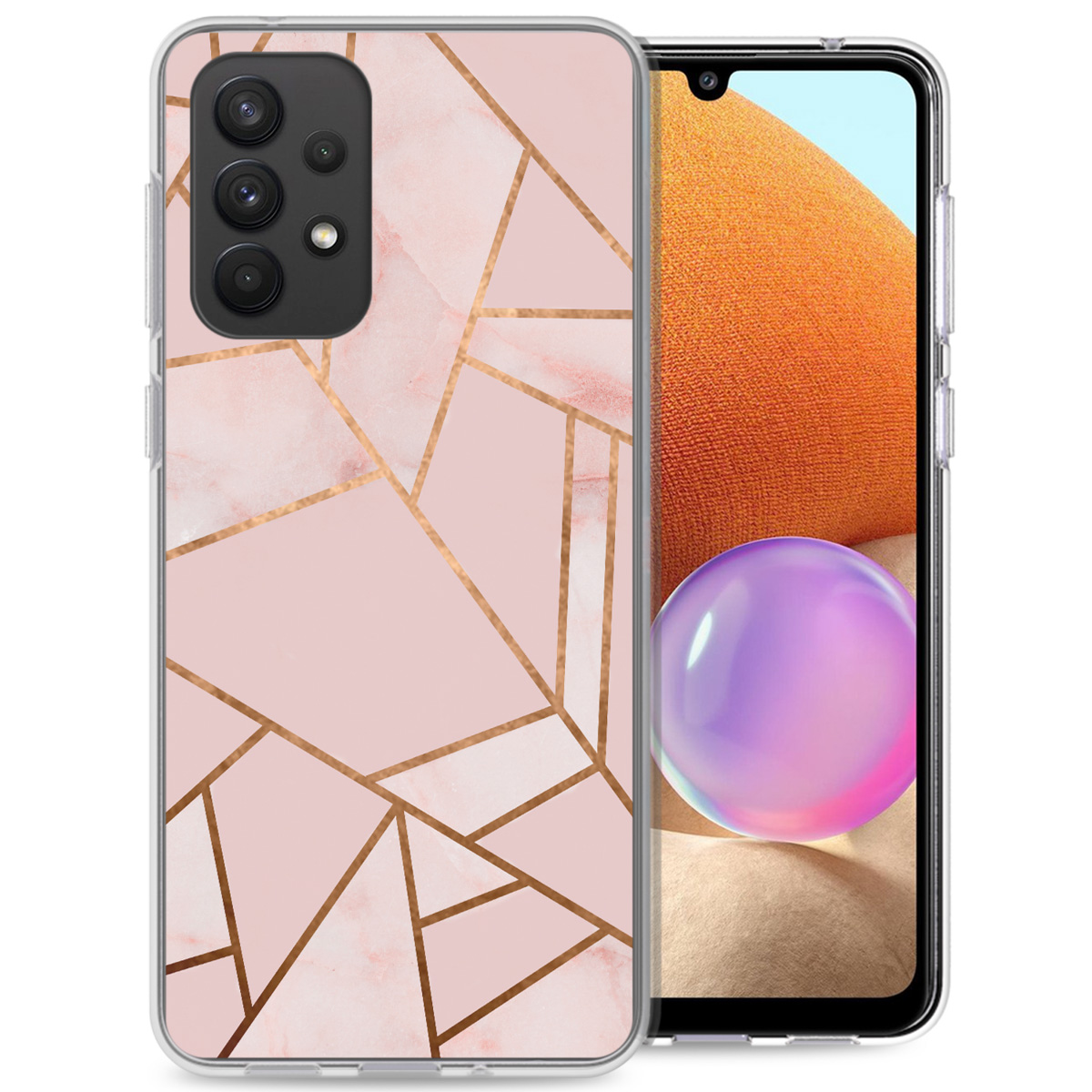 Coque de téléphone rose à motifs marbrés sur un téléphone, sur fond blanc.