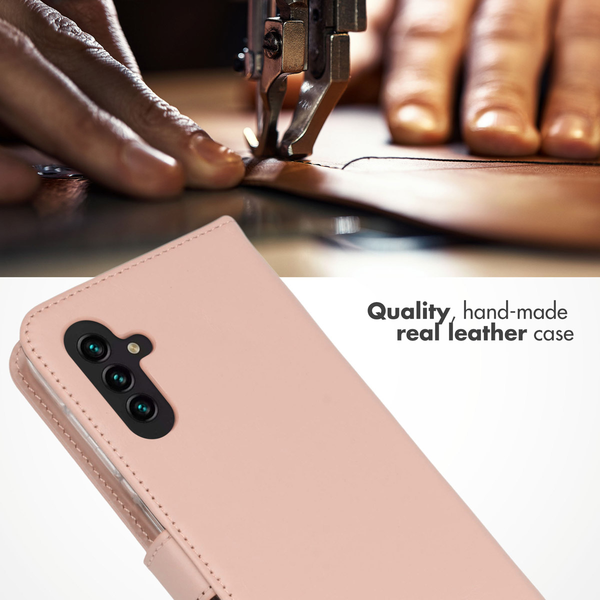Coque de téléphone en cuir véritable rose faite main avec couture de cuir.