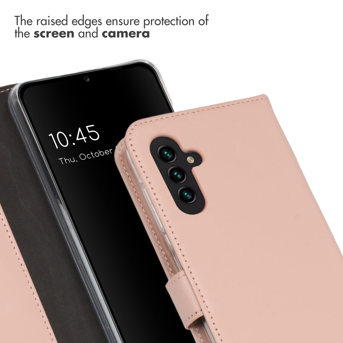 Un étui de téléphone rose en similicuir montrant la protection de la caméra et de l'écran.