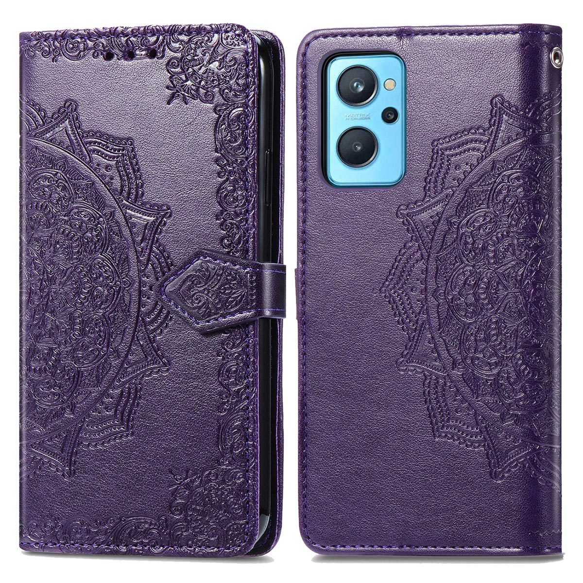 Coque de téléphone violette avec motif mandala et fermoir.