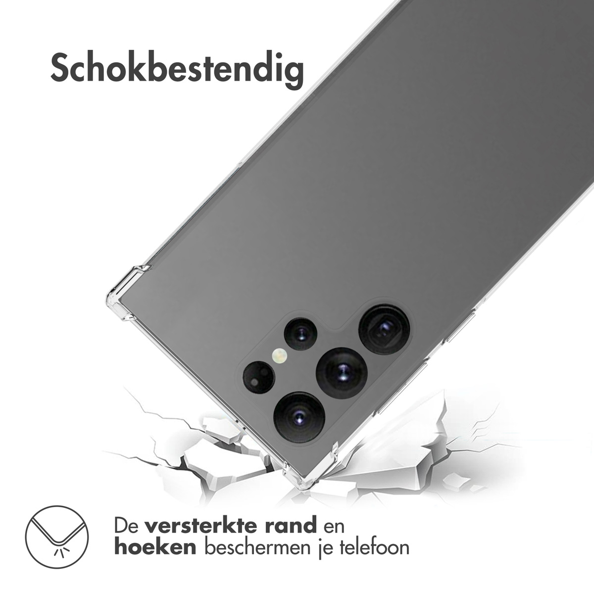 Telefono in una custodia trasparente con un design strutturato. La custodia è su una superficie bianca. Testo in olandese.