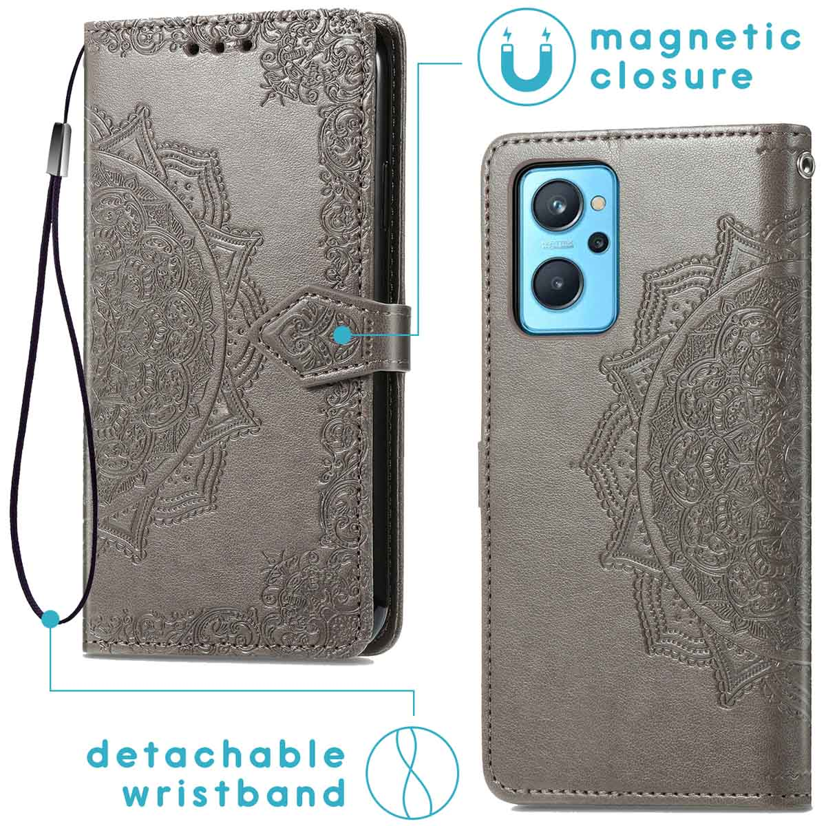 Funda de teléfono de cuero gris con un patrón. Correa de muñeca desmontable, cierre magnético.
