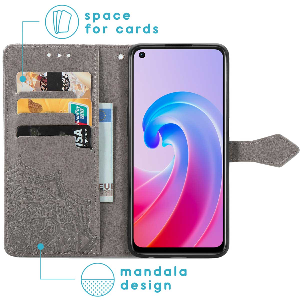 Funda gris con diseño mandala y ranuras para tarjetas. Teléfono con pantalla rosa y azul.