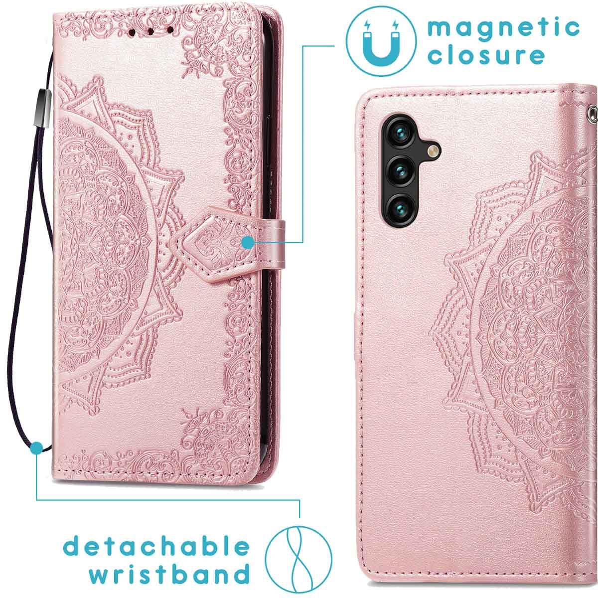 Roze telefoonhoes met mandala-reliëf, magneetsluiting en afneembaar polsbandje.