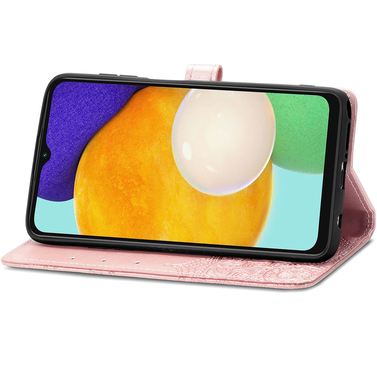 Een telefoon in een roze hoesje is open, met een kleurrijk scherm. De hoes heeft een bloemenpatroon.
