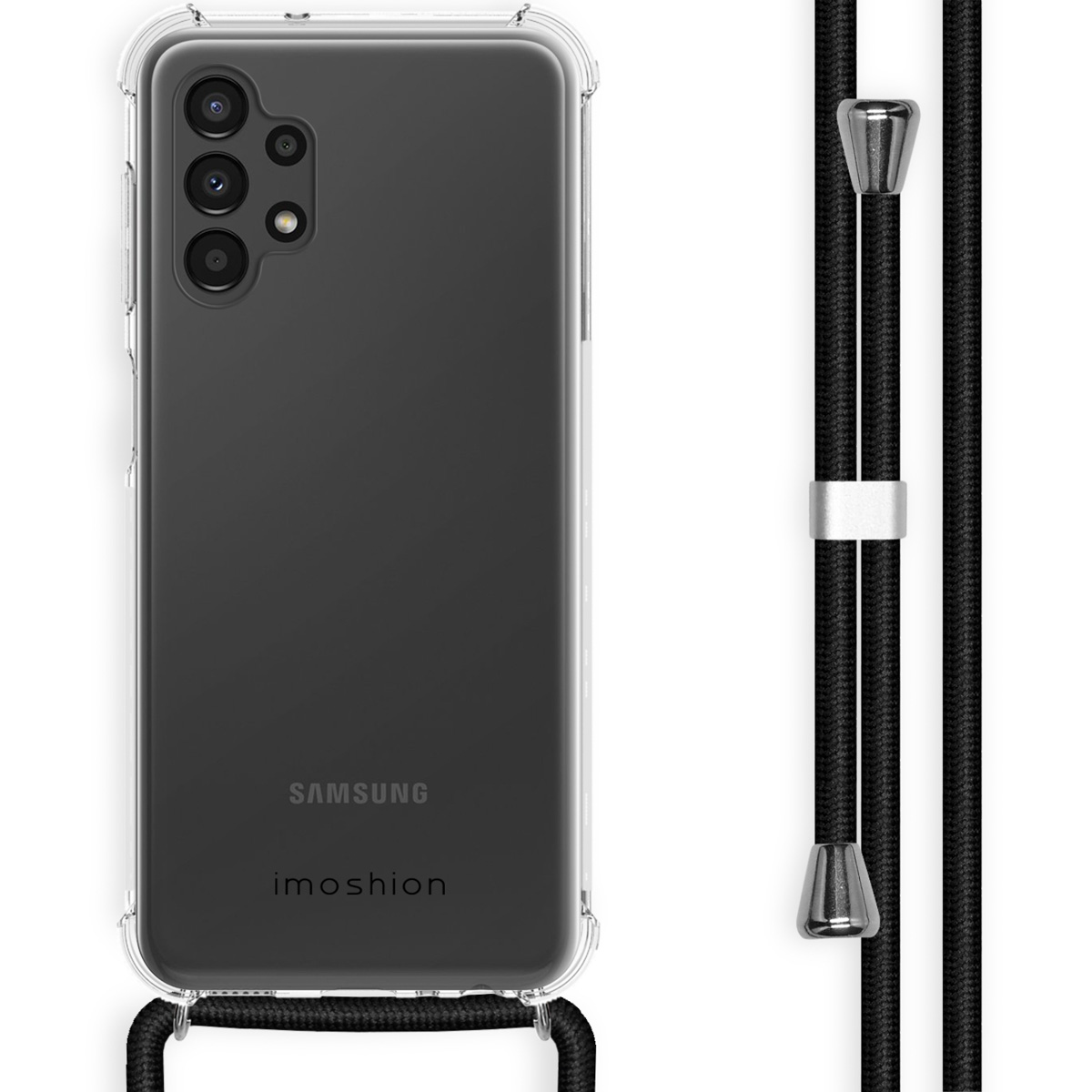 Een doorzichtige telefoonhoes met een zwart koord. De telefoon is een Samsung.