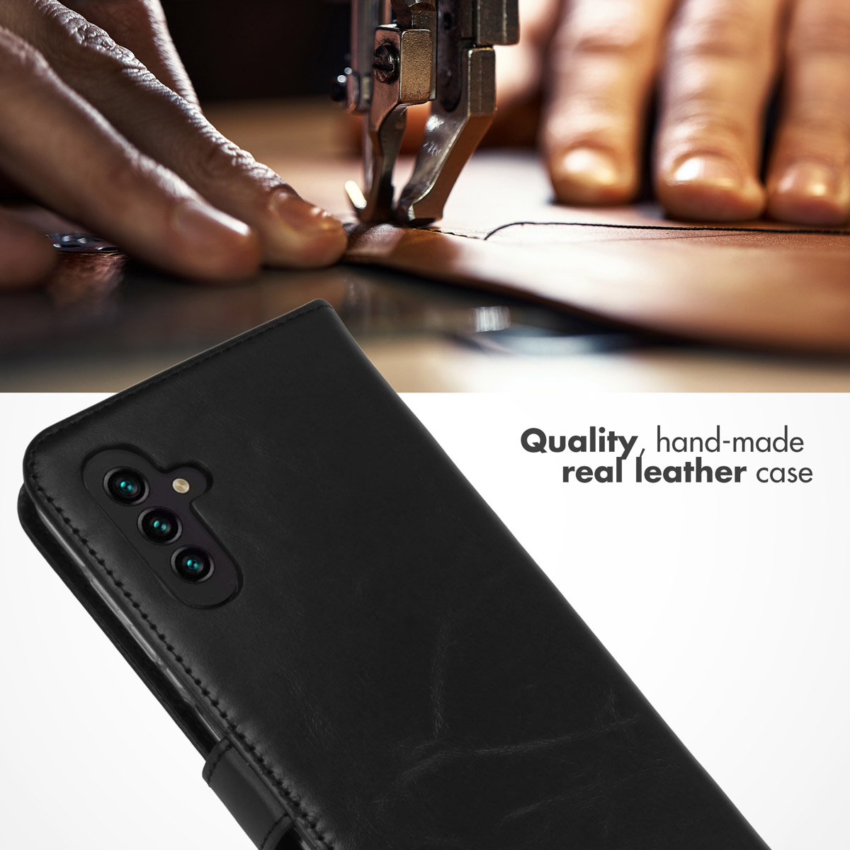 Étui de téléphone en cuir noir fait main au premier plan, avec une machine à coudre du cuir en arrière-plan.