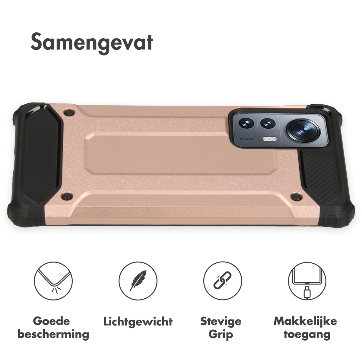 Una cover per telefono color oro rosa con bordo nero. Quattro icone sotto.