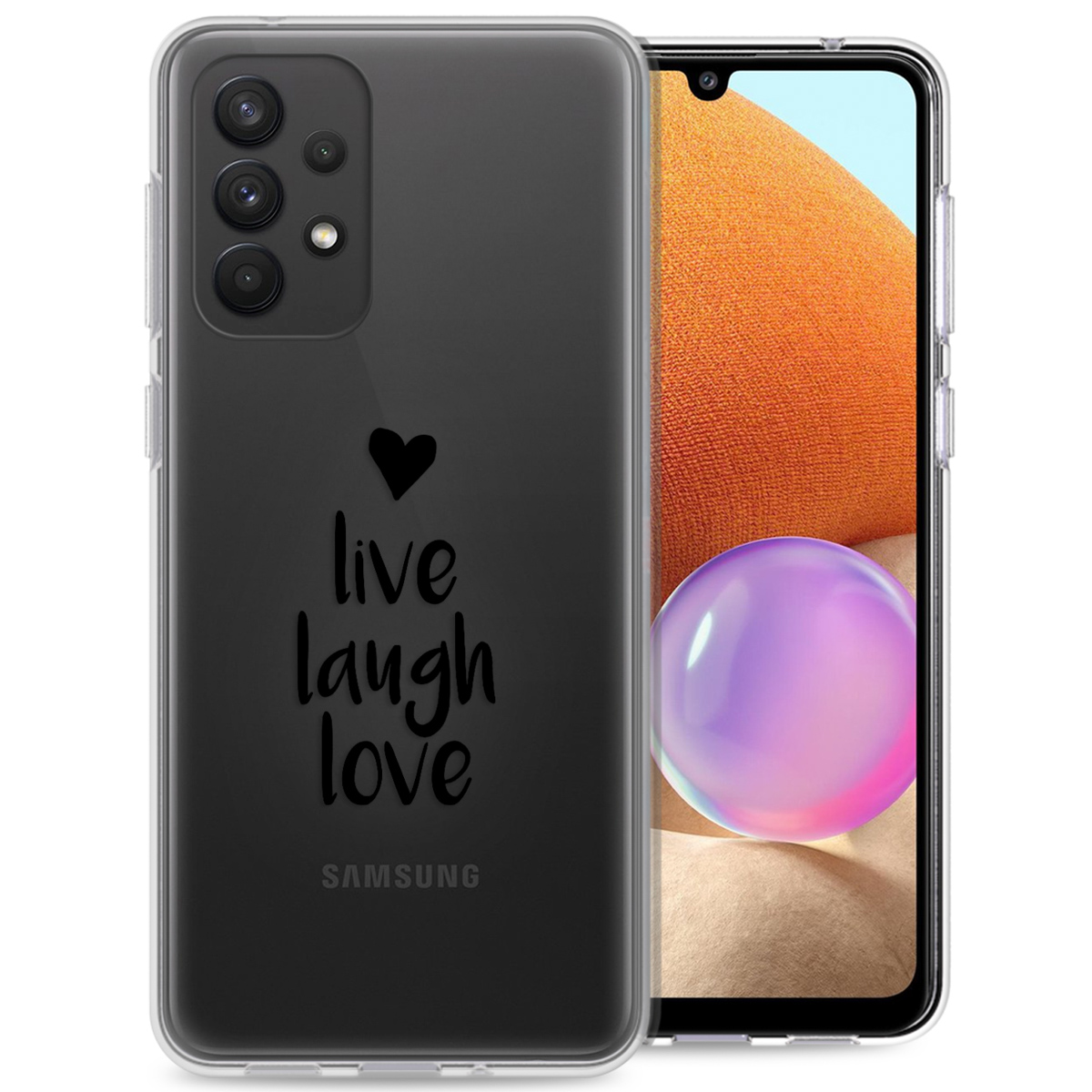 Coque de téléphone transparente avec les mots 'live laugh love' et un cœur dessus.