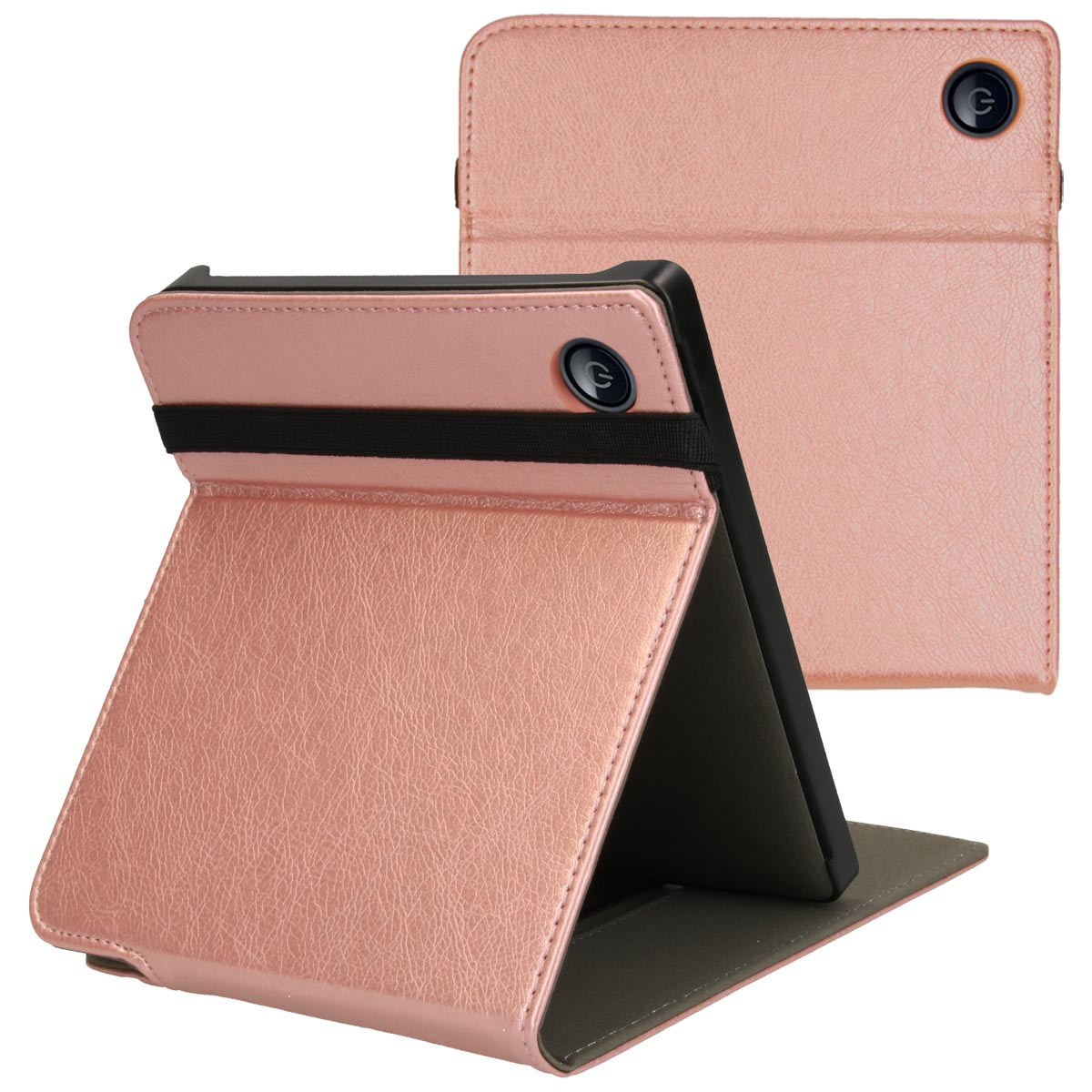 Roze tablethoes, open en dicht. De open hoes toont een zwart scherm.