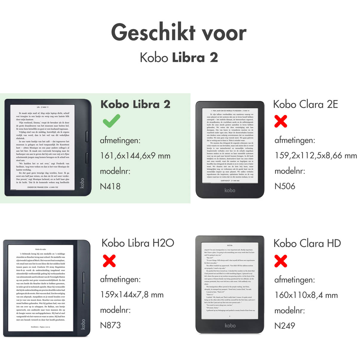 Tekst over de compatibiliteit van Kobo Libra 2, Kobo Clara 2E, Kobo Libra H2O en Kobo Clara HD e-readers.