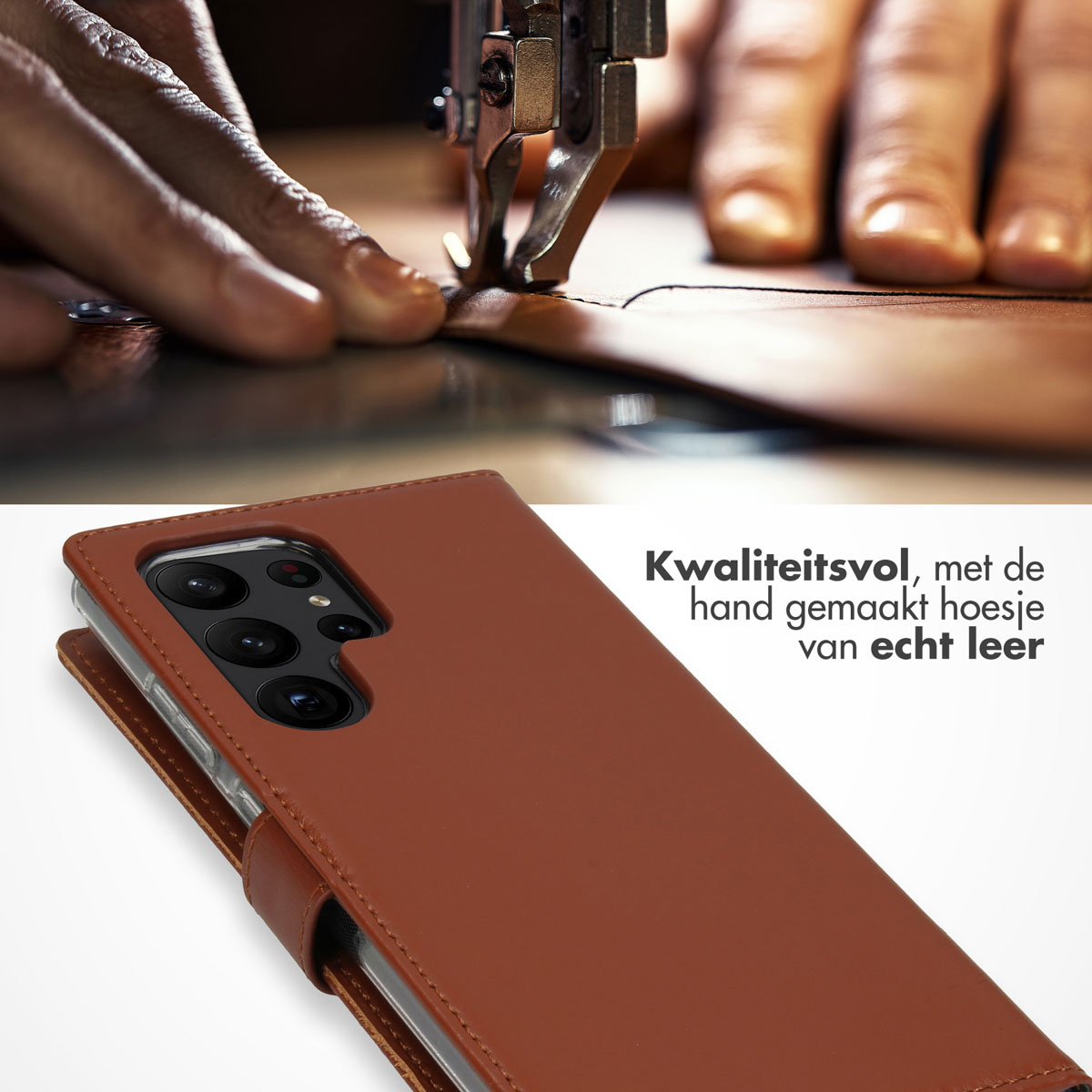 Brown leather phone case and hand sewing. The text says, 'Quality, handmade case of genuine leather'.