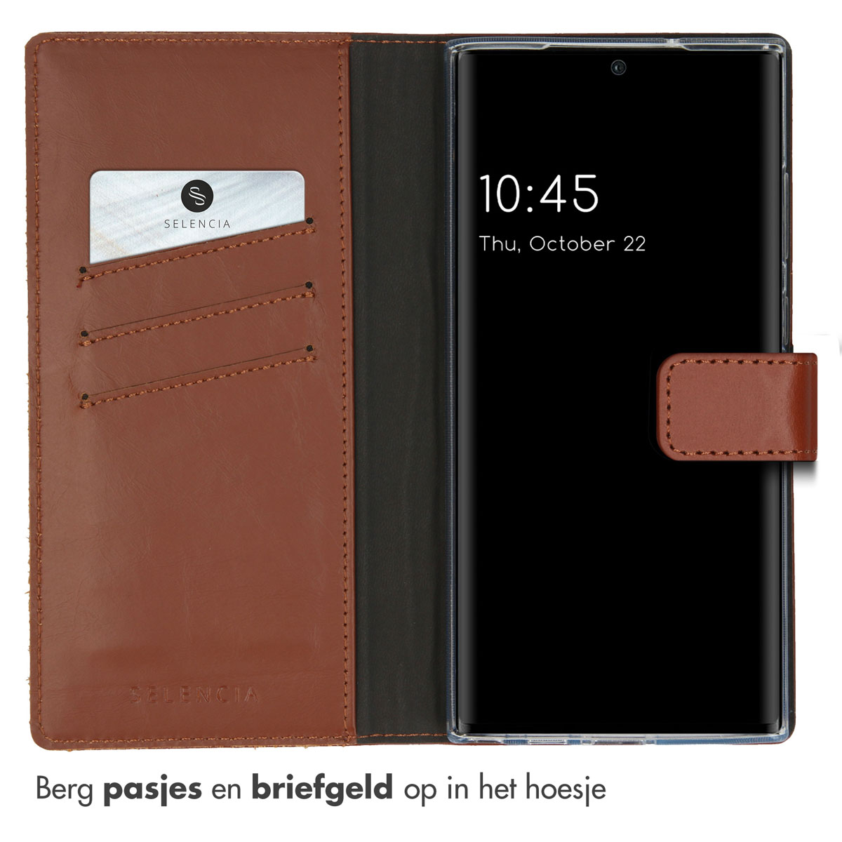 Brown phone case with card slots, a phone with the time 10:45 on the screen.