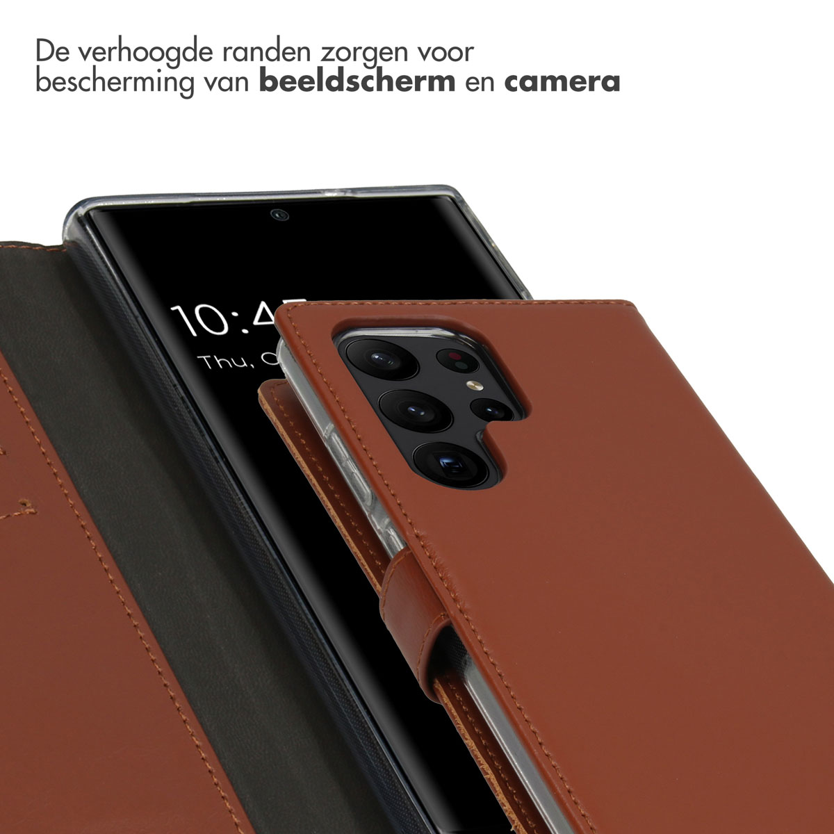 Brown phone case with a phone inside. Shows the screen and the case's edges.