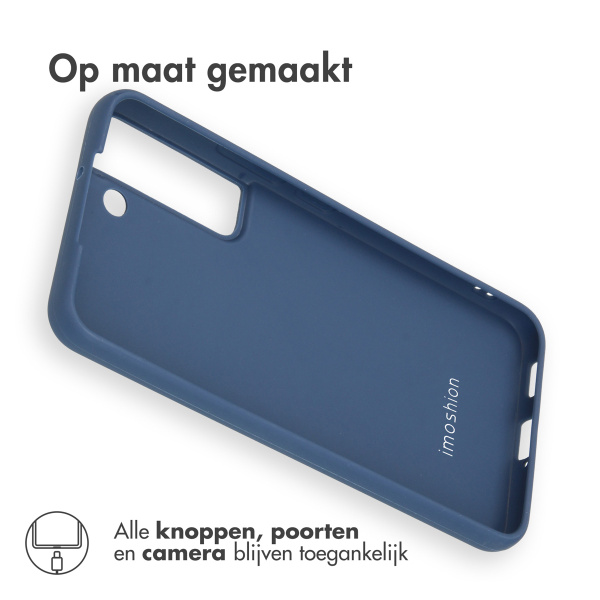 Blauw telefoonhoesje. De tekst zegt: Op maat gemaakt. Alle knoppen, poorten en camera blijven toegankelijk.