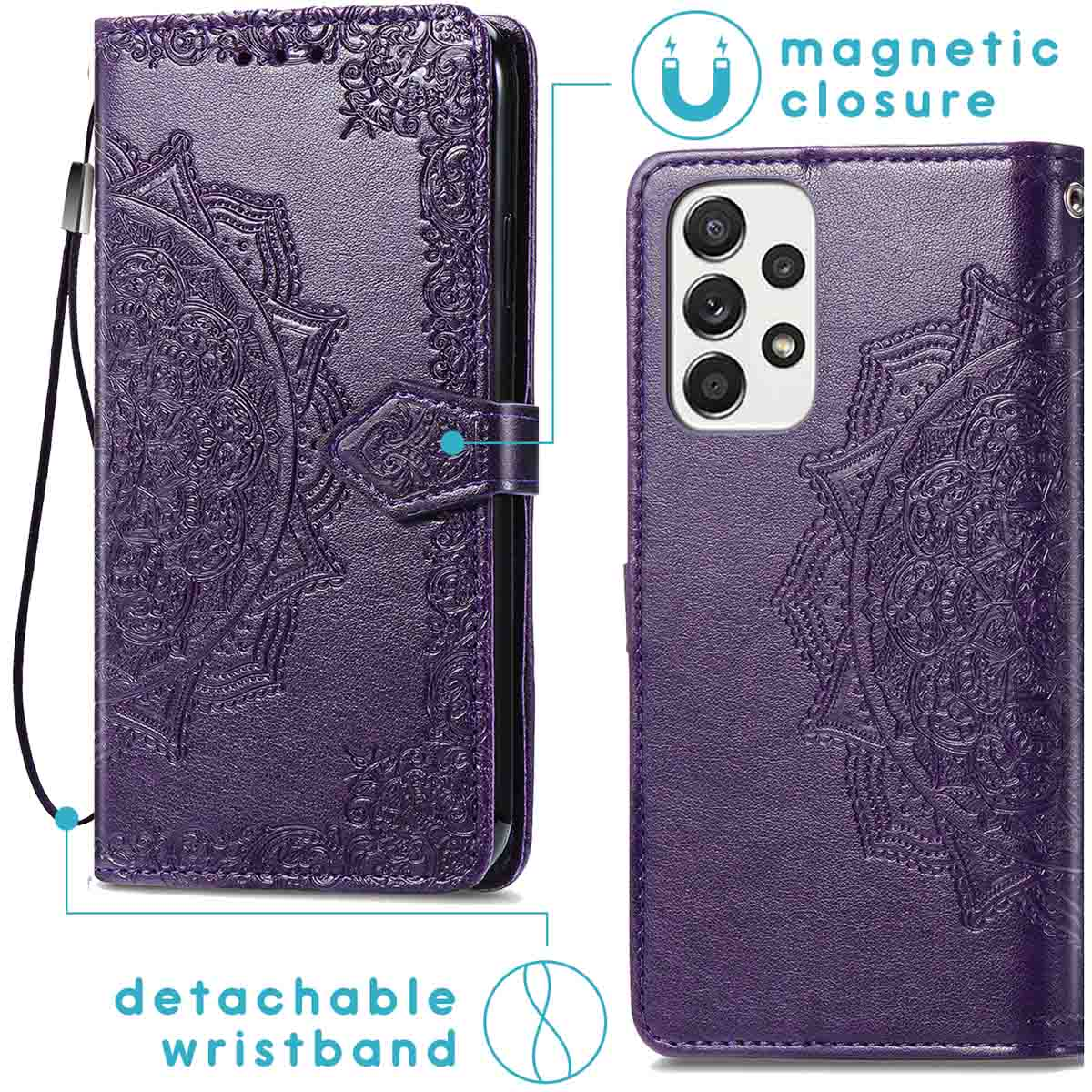 Étui de téléphone violet avec motif mandala, fermeture magnétique et dragonne amovible.