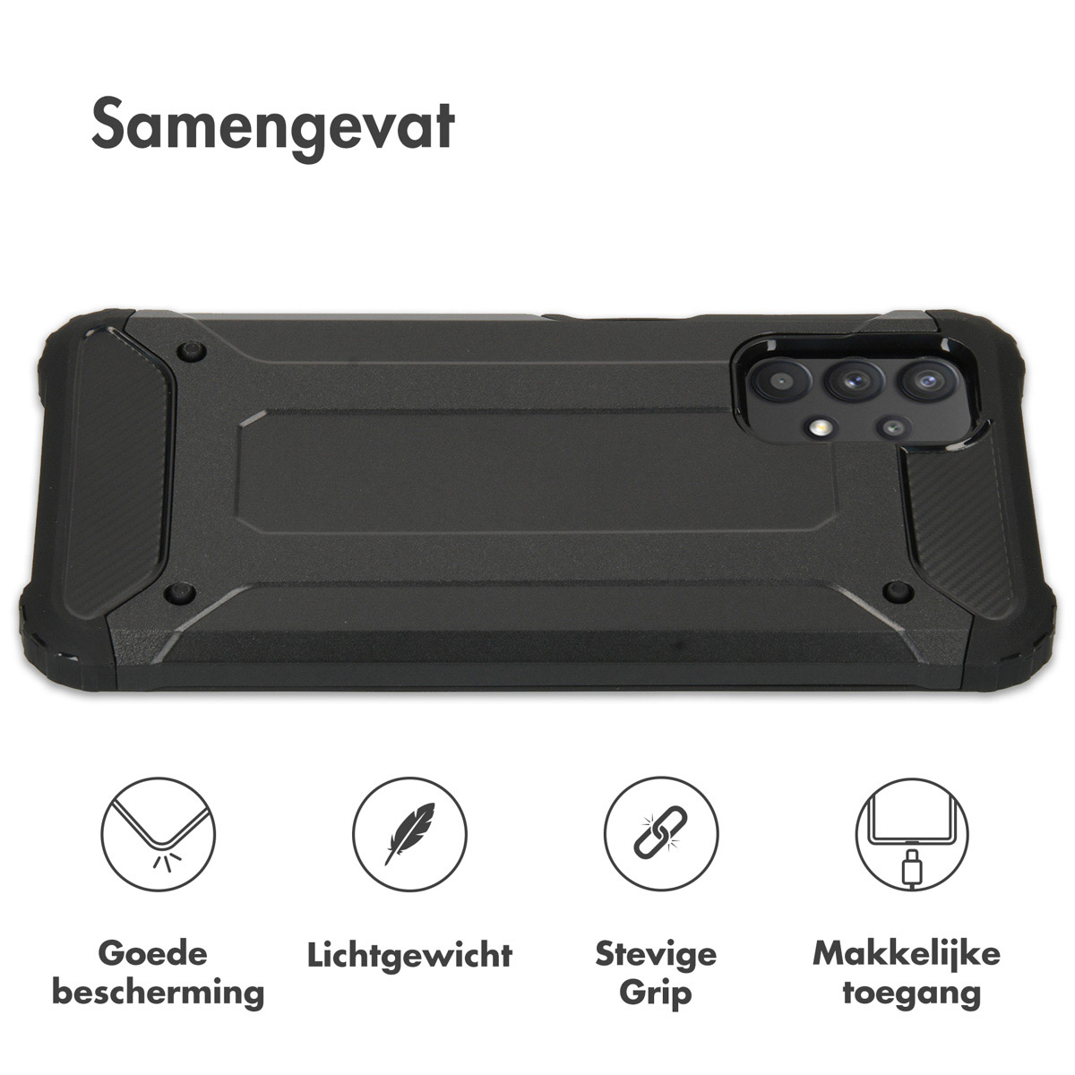 Zwarte robuuste telefoonhoes met een zwarte telefoon. Er staan vier pictogrammen onderaan.