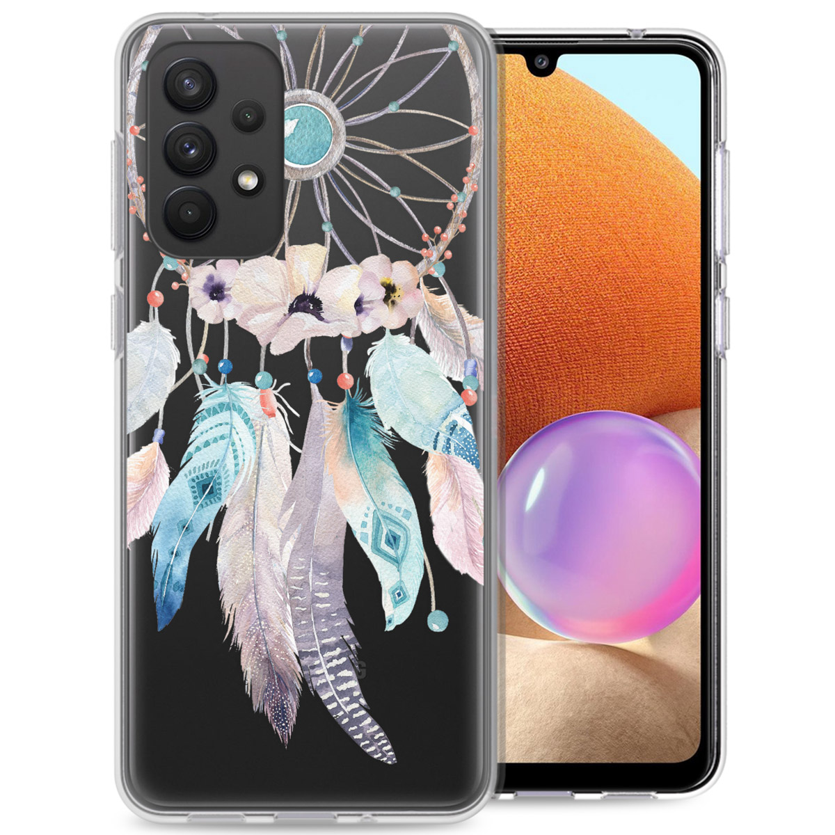Un téléphone dans un étui à motif attrape-rêves, avec un motif de plumes colorées. Écran visible.