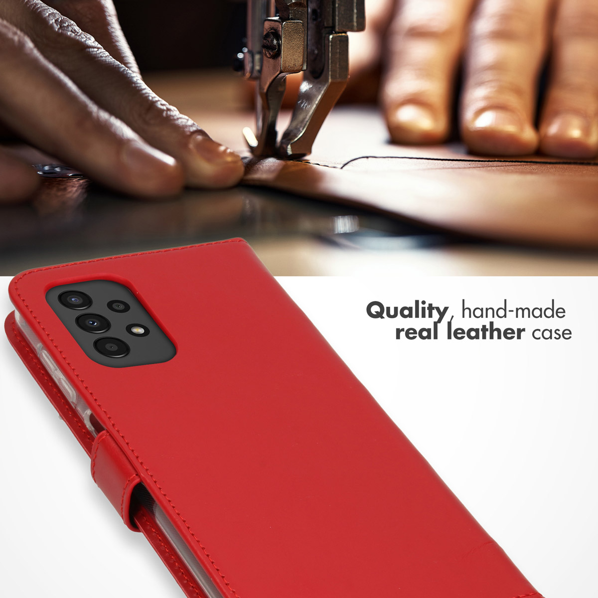 Un étui de téléphone en cuir rouge fait main avec une machine à coudre en arrière-plan et du texte.