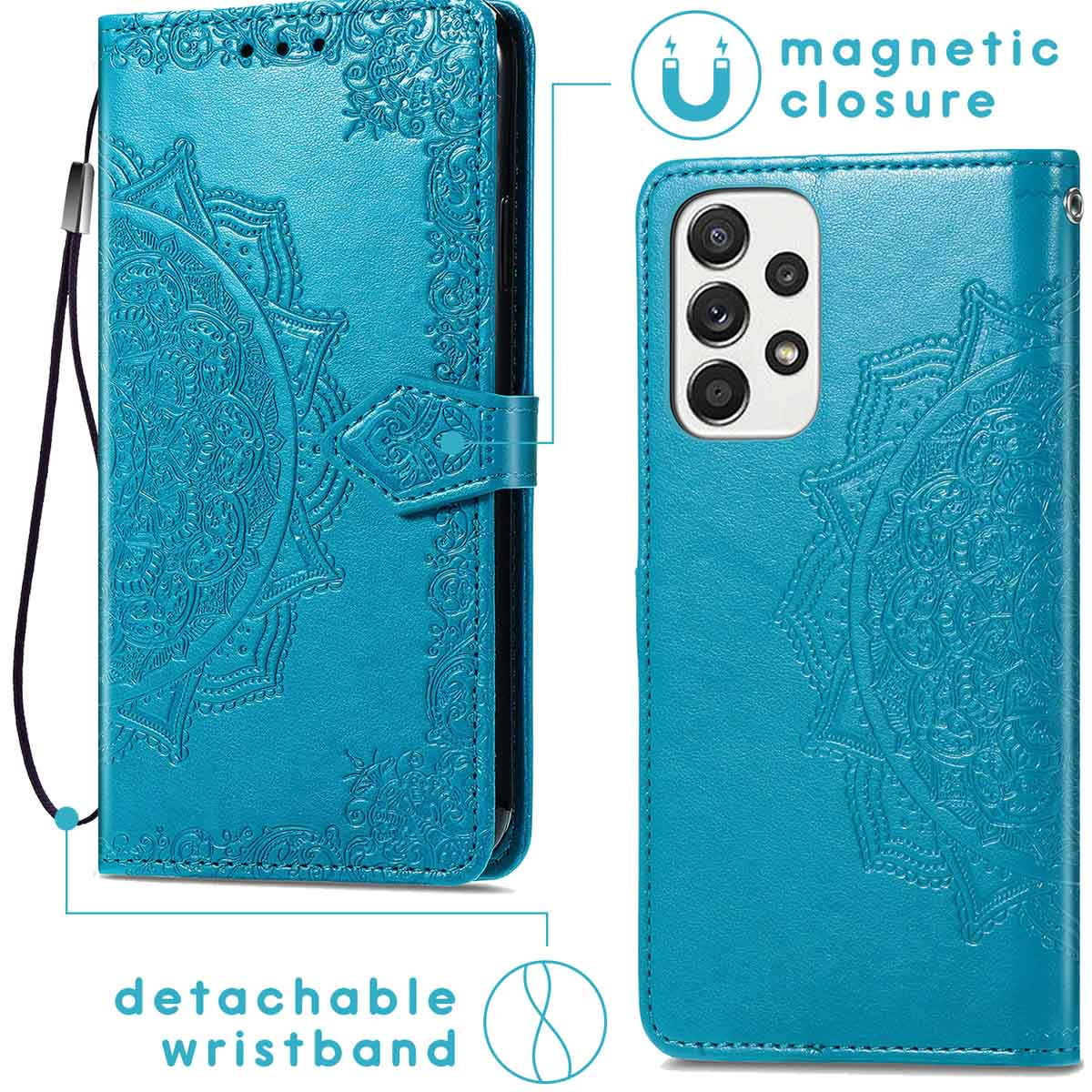 Een teal flip telefoonhoes met reliëf mandala ontwerp, magnetische sluiting en afneembaar polsbandje.