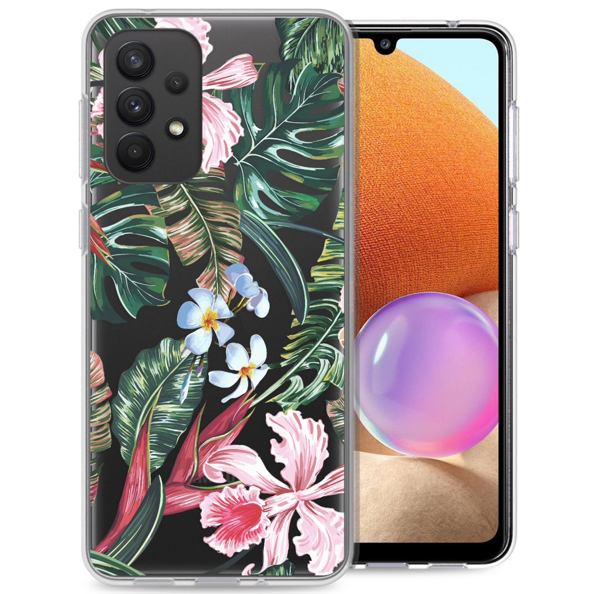 Coque de téléphone transparente avec un motif floral de fleurs roses et de feuilles vertes sur fond noir.