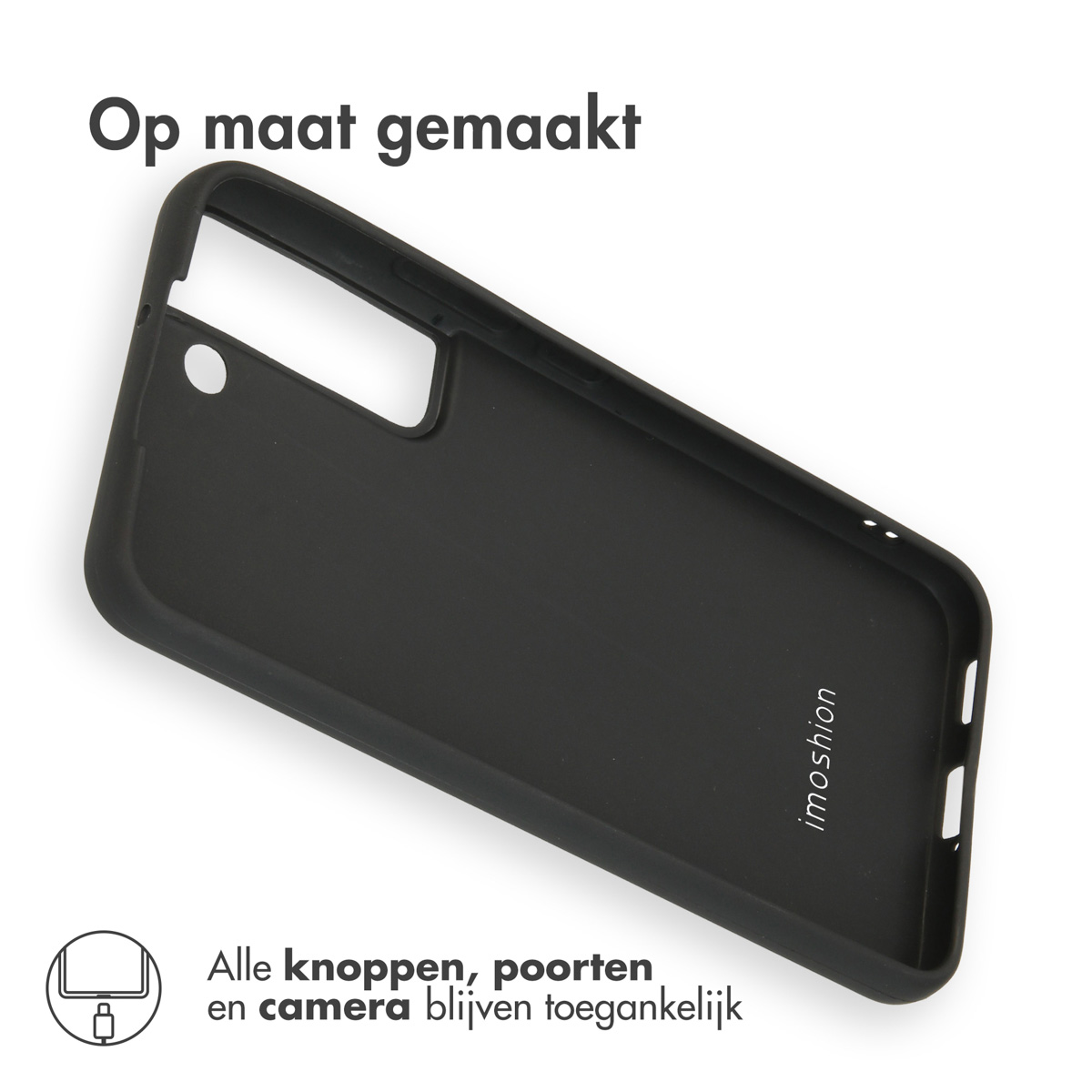 Zwarte telefoonhoes, binnenaanzicht. Tekst 'imoshion'. Toont openingen voor knoppen, poorten en camera.