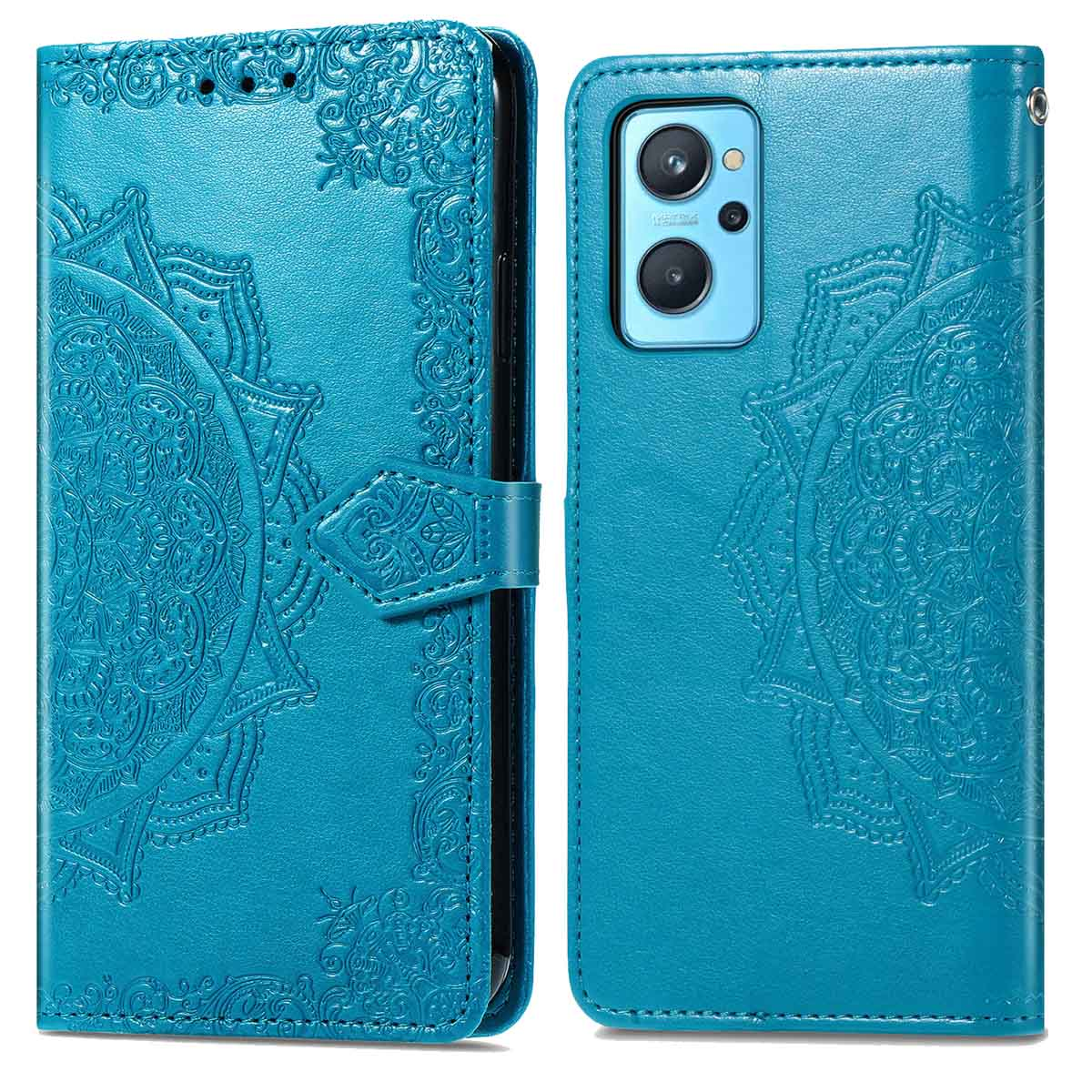Een blauwe leren telefoonhoes met een mandala-ontwerp, geopend om de telefoon binnenin te onthullen.