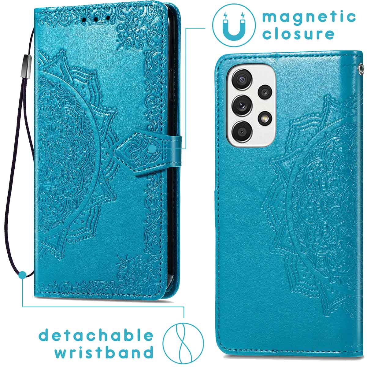 Een teal telefoonhoes met reliëf mandala, afneembare polsband en magnetische sluiting.