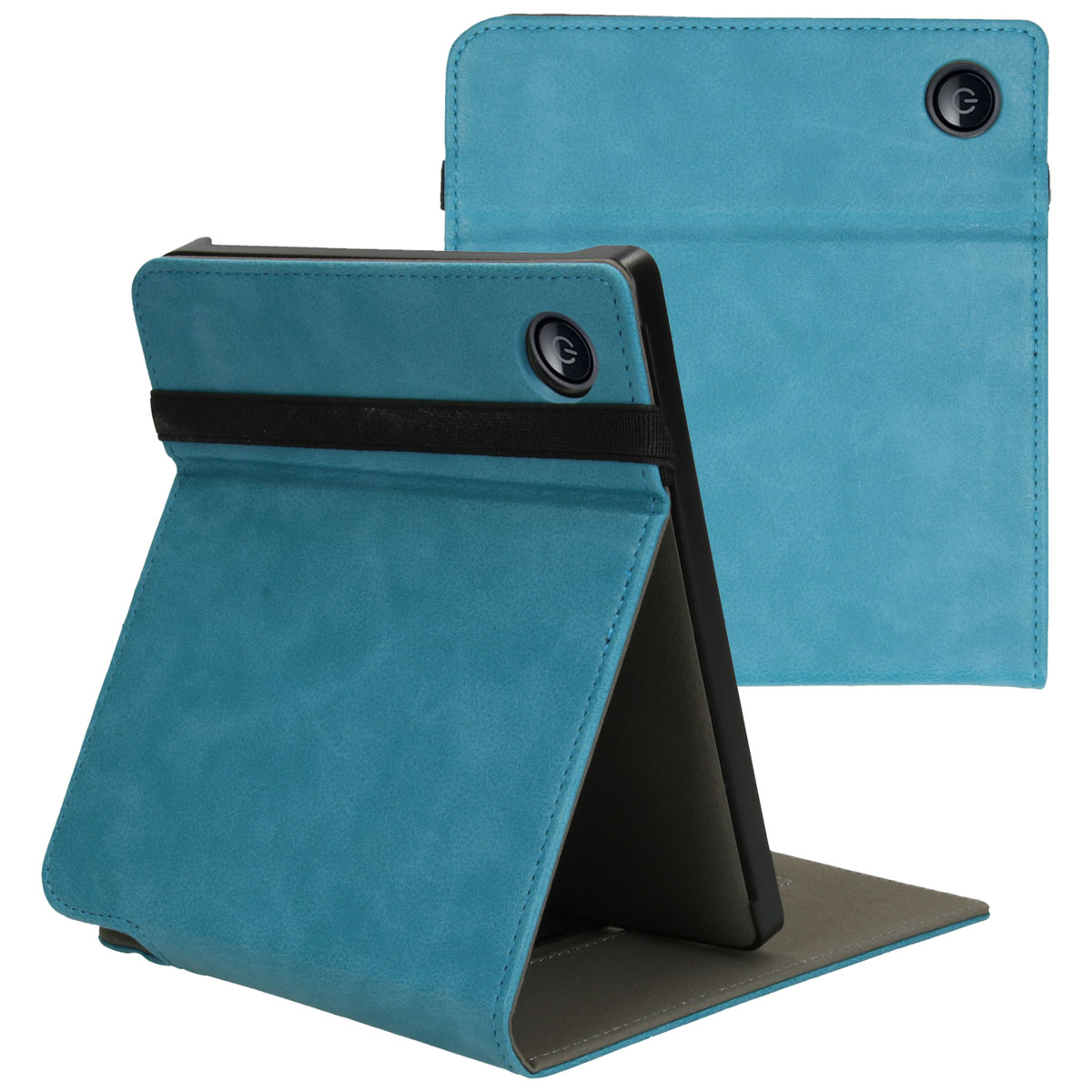 Blauw tablethoesje, opengeklapt. De tablet zit erin. De hoes heeft een standfunctie.