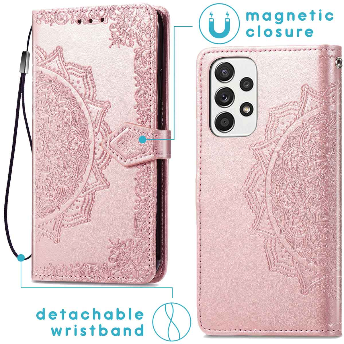 Roze telefoonhoes met mandala reliëf, magneetsluiting en afneembare polsband.