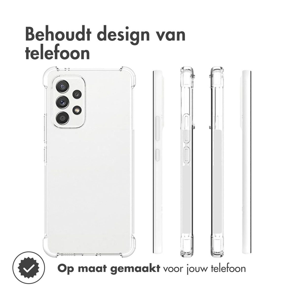 Een transparante telefoonhoes getoond vanuit verschillende hoeken. Past perfect.