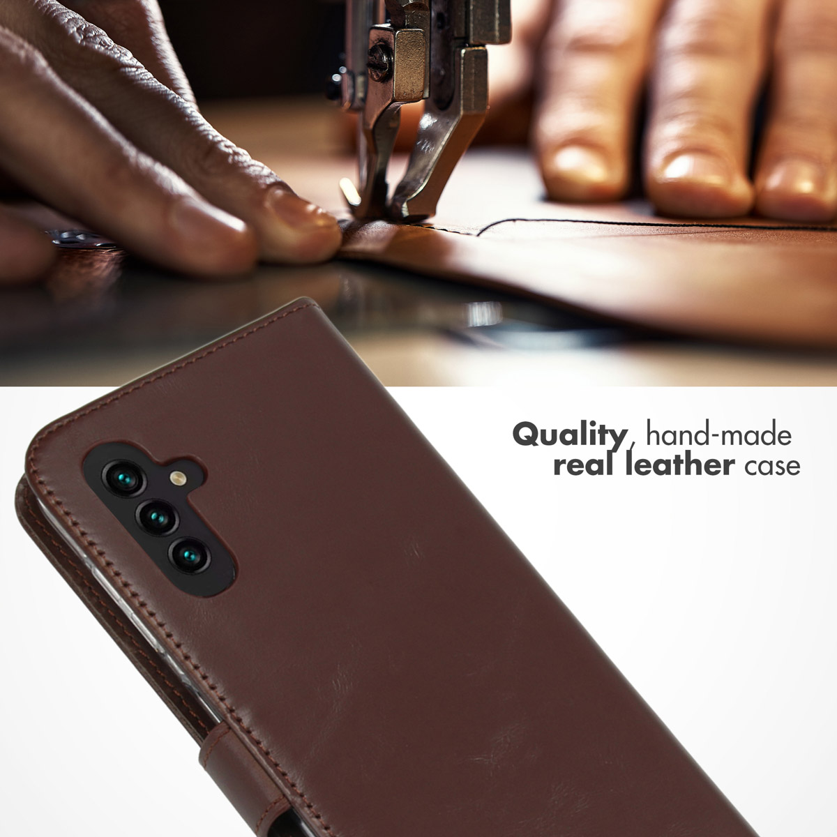Étui de téléphone en cuir véritable fait main cousu à la machine, avec texte.