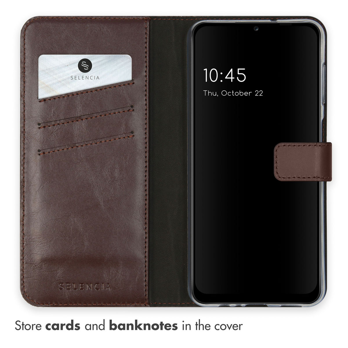 Étui de smartphone en cuir marron avec des fentes pour cartes et une carte insérée.