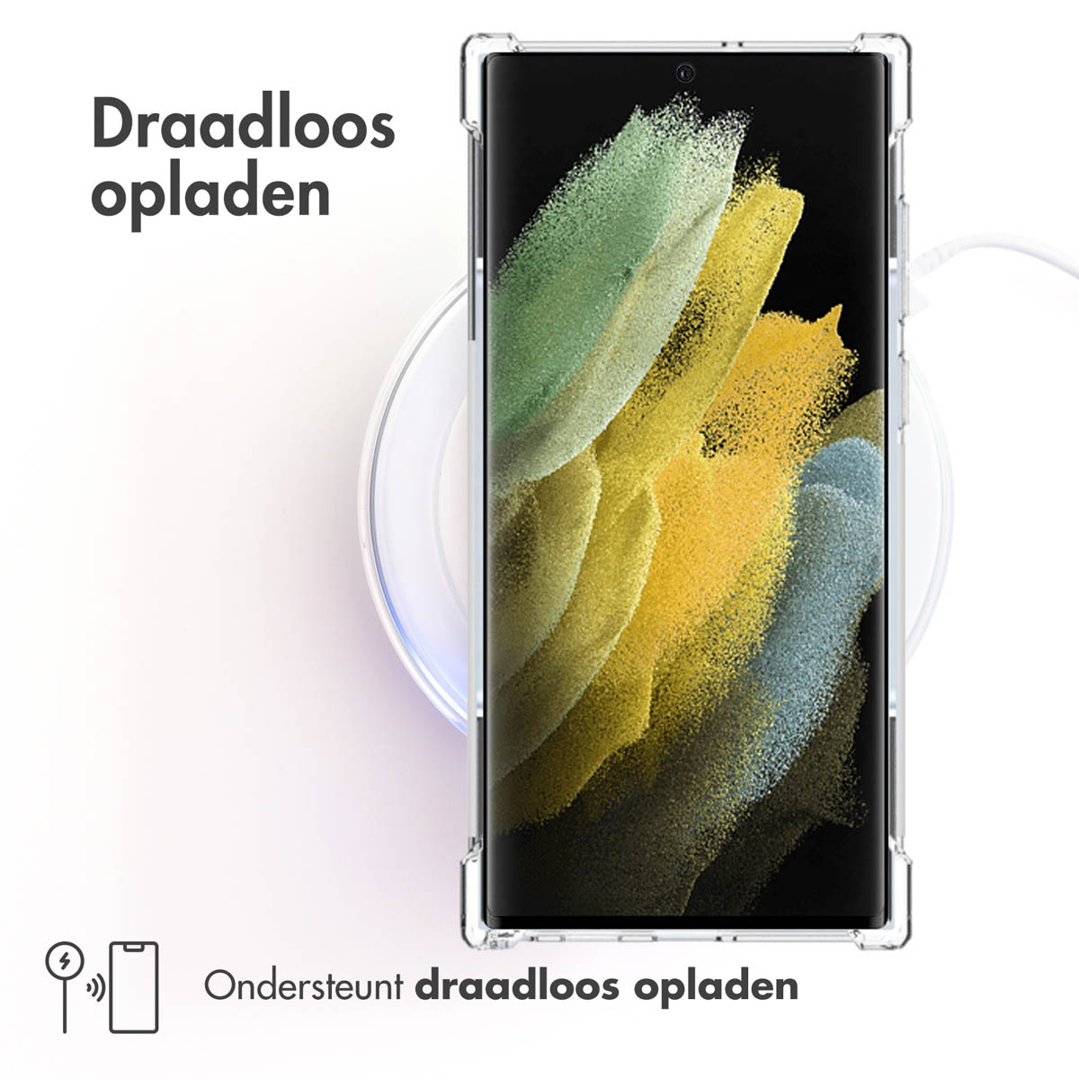 Smartphone in doorzichtig hoesje op draadloze lader. Tekst: Draadloos opladen.