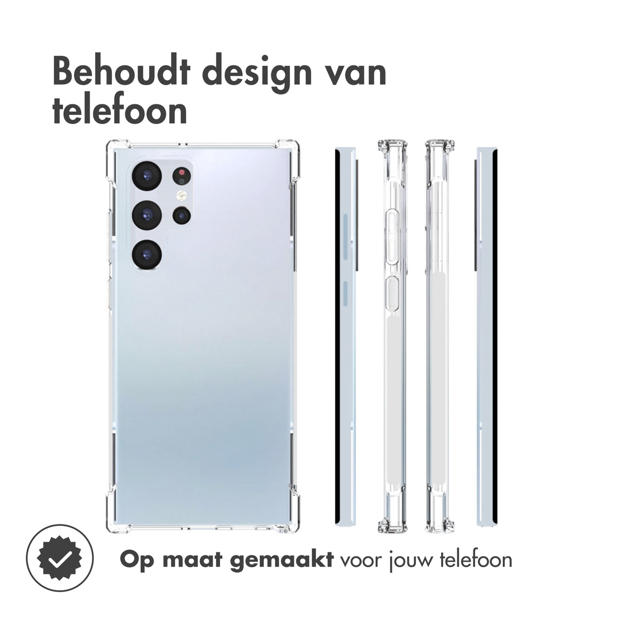 Transparante telefoonhoes in meerdere aanzichten met telefoon.