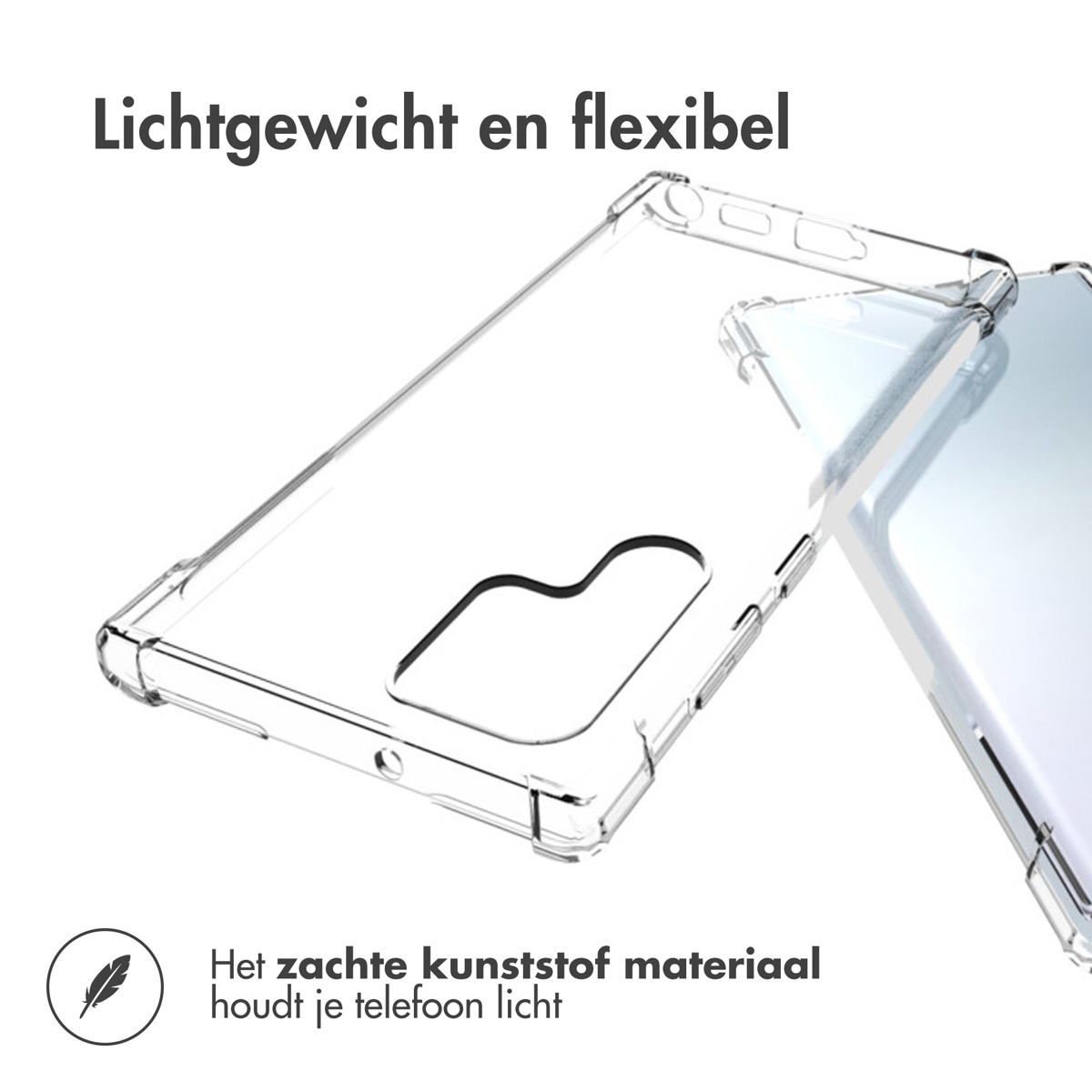 Transparante telefoonhoes op een telefoon. De hoes is transparant en flexibel. De hoes bevindt zich in de buurt van een smartphone.