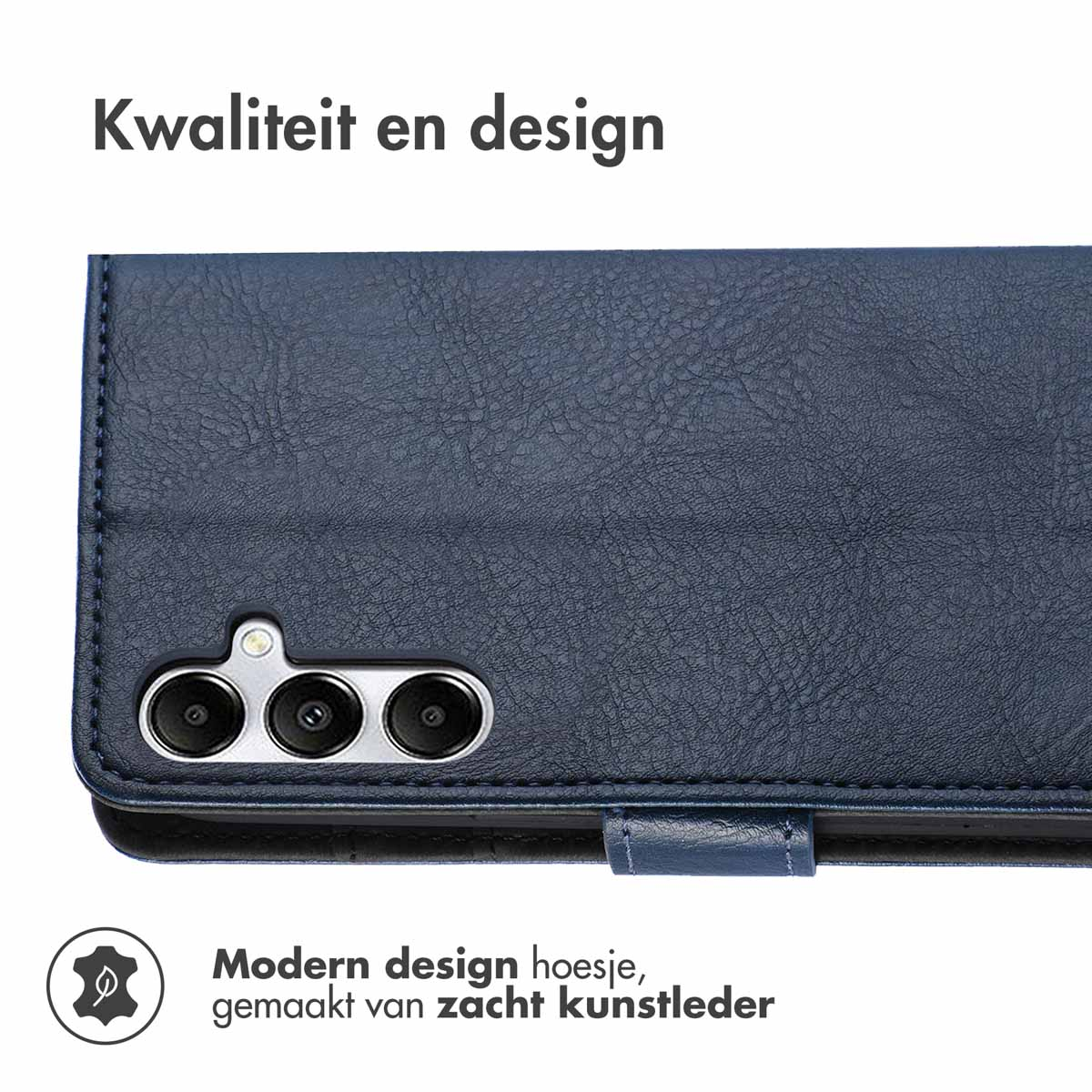 Donkerblauwe telefoonhoes van kunstleer met cameragataansnijding.