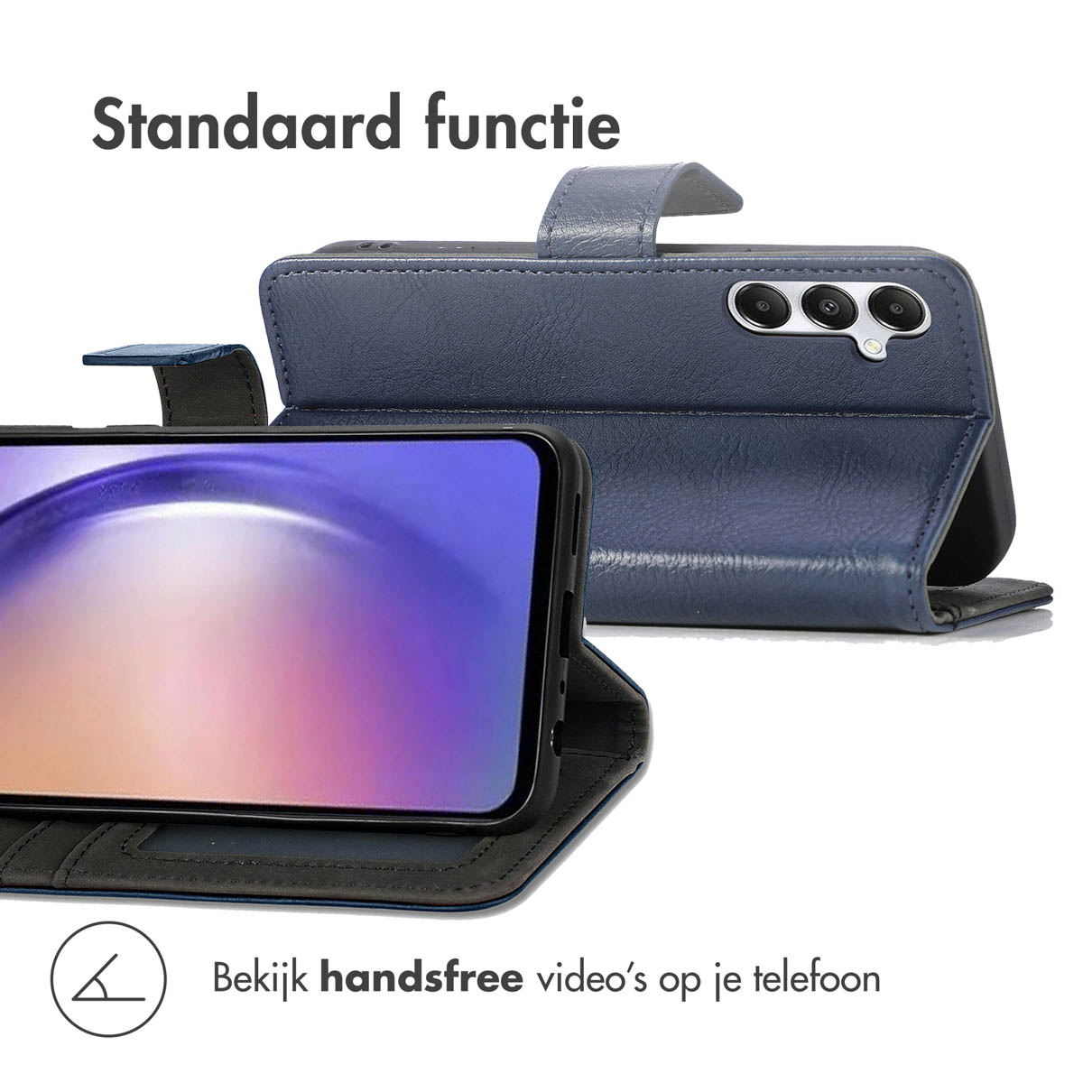 Donkerblauw telefoonhoesje met standaardfunctie en camera-uitsparing.