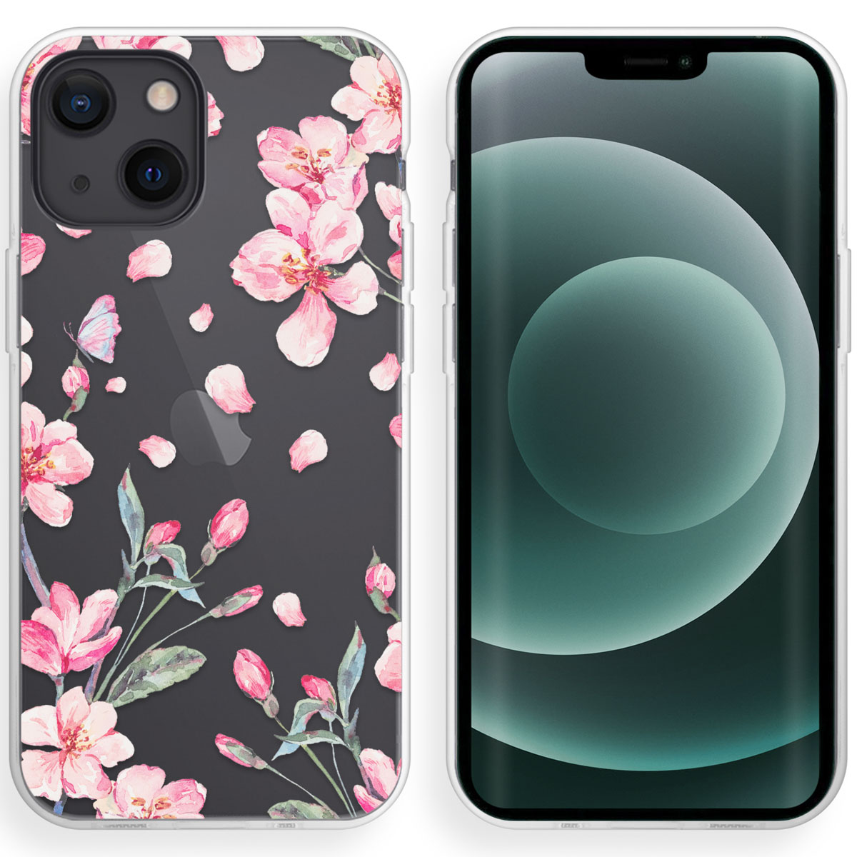 Telefoonhoesje met roze bloemen en bloemblaadjes op zwarte achtergrond. De telefoon toont een groene achtergrond.