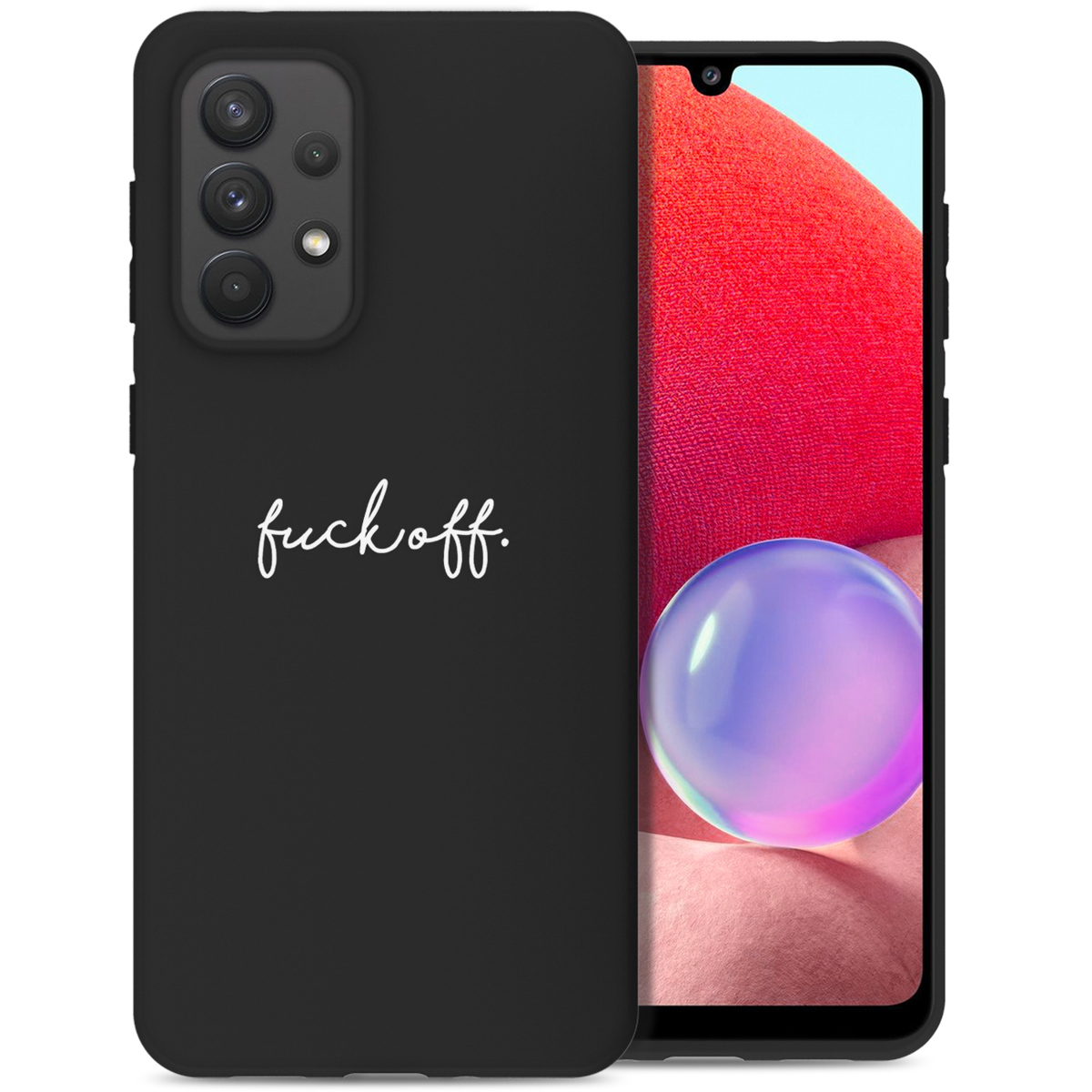 Coque de téléphone noire avec 'fuck off.' écrit en blanc. L'écran du téléphone est visible.